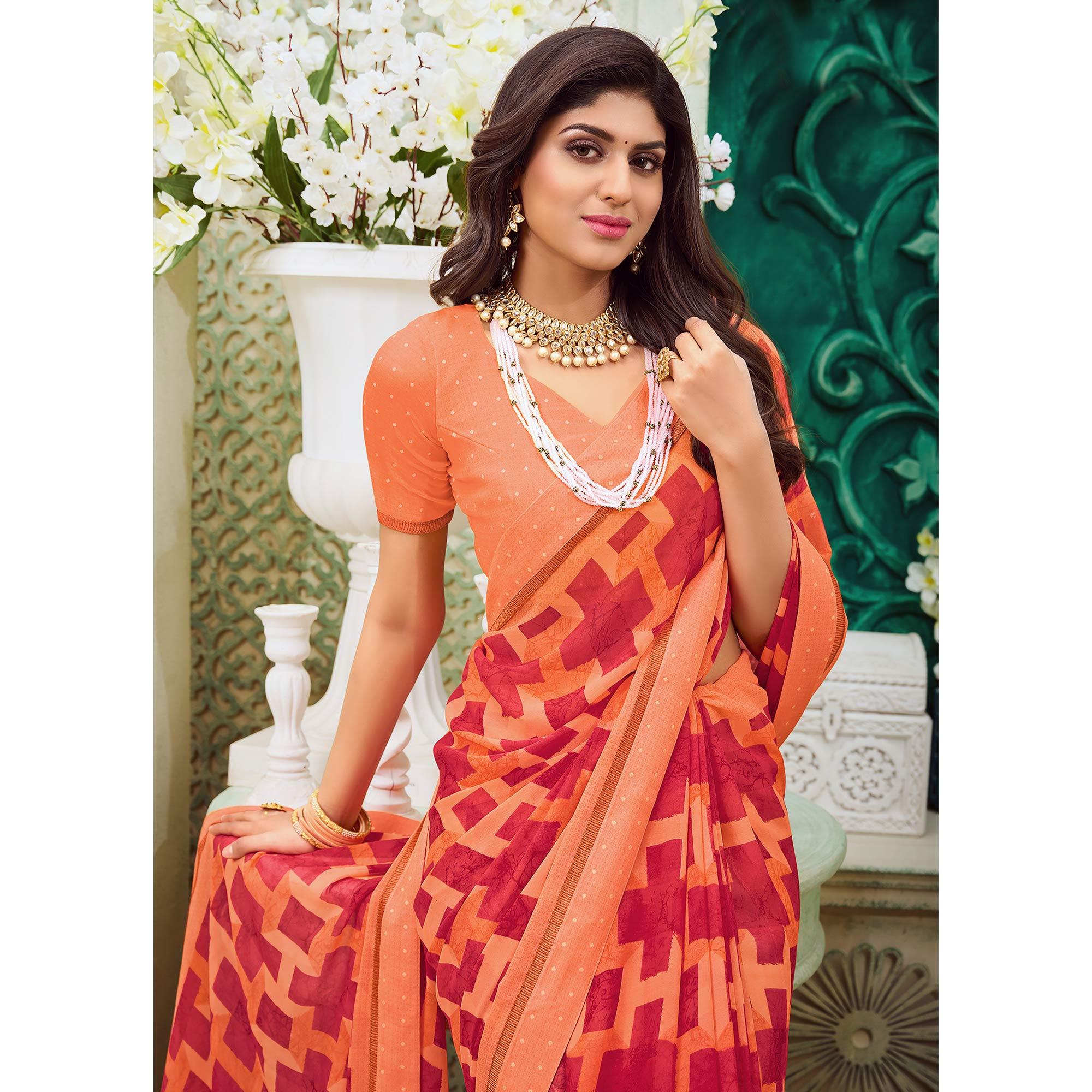 Peach Casual Wear Geometric Printed Georgette Saree - Peachmode