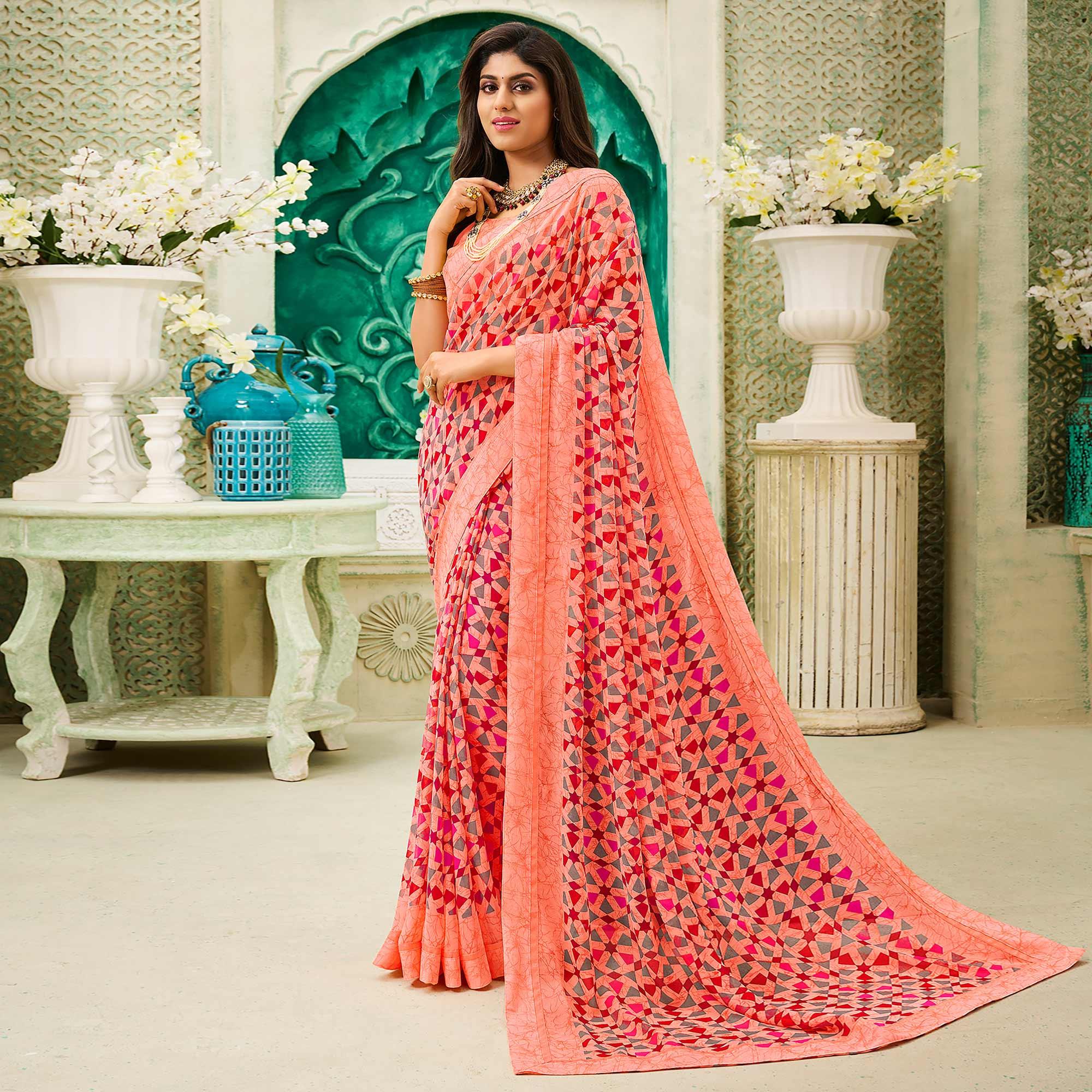 Peach Casual Wear Geometric Printed Georgette Saree - Peachmode