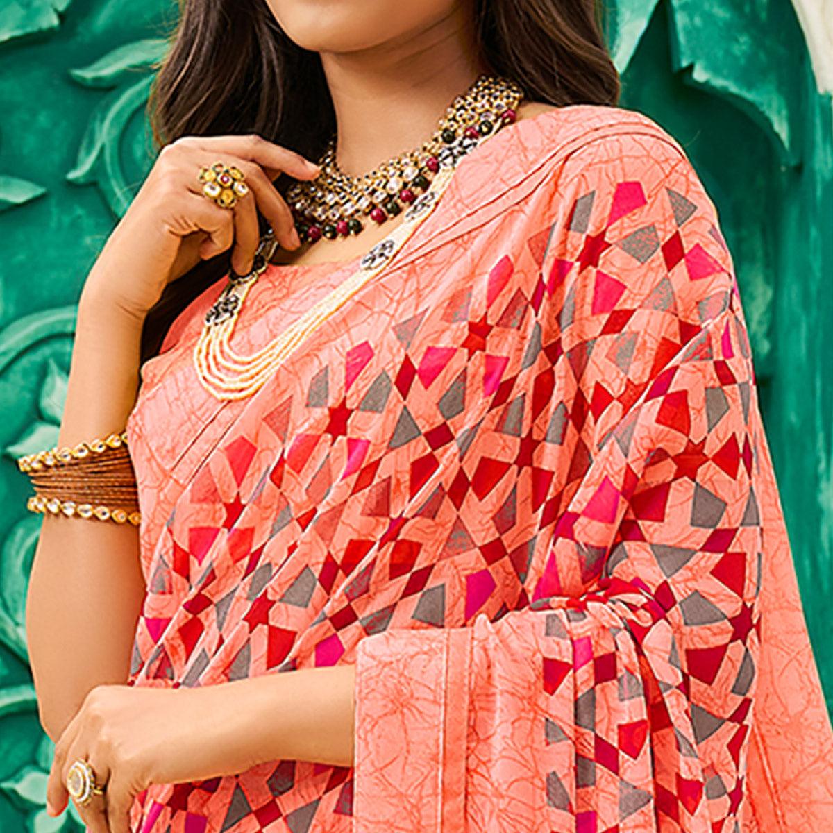 Peach Casual Wear Geometric Printed Georgette Saree - Peachmode