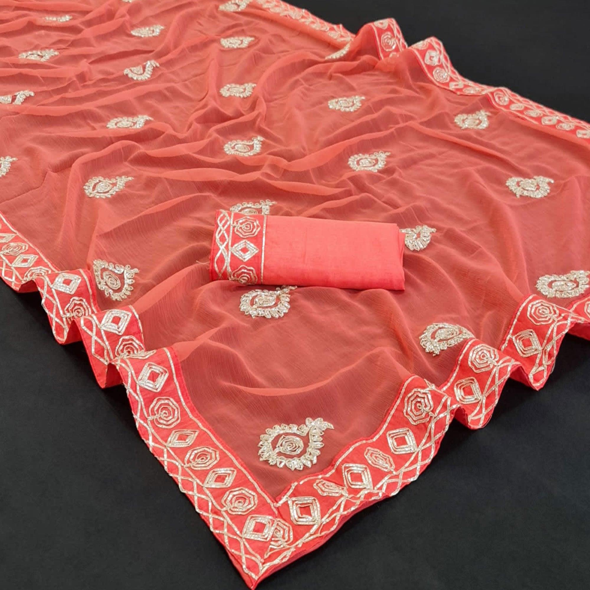 Peach Casual Wear Gotta Patti Work Chiffon Saree - Peachmode