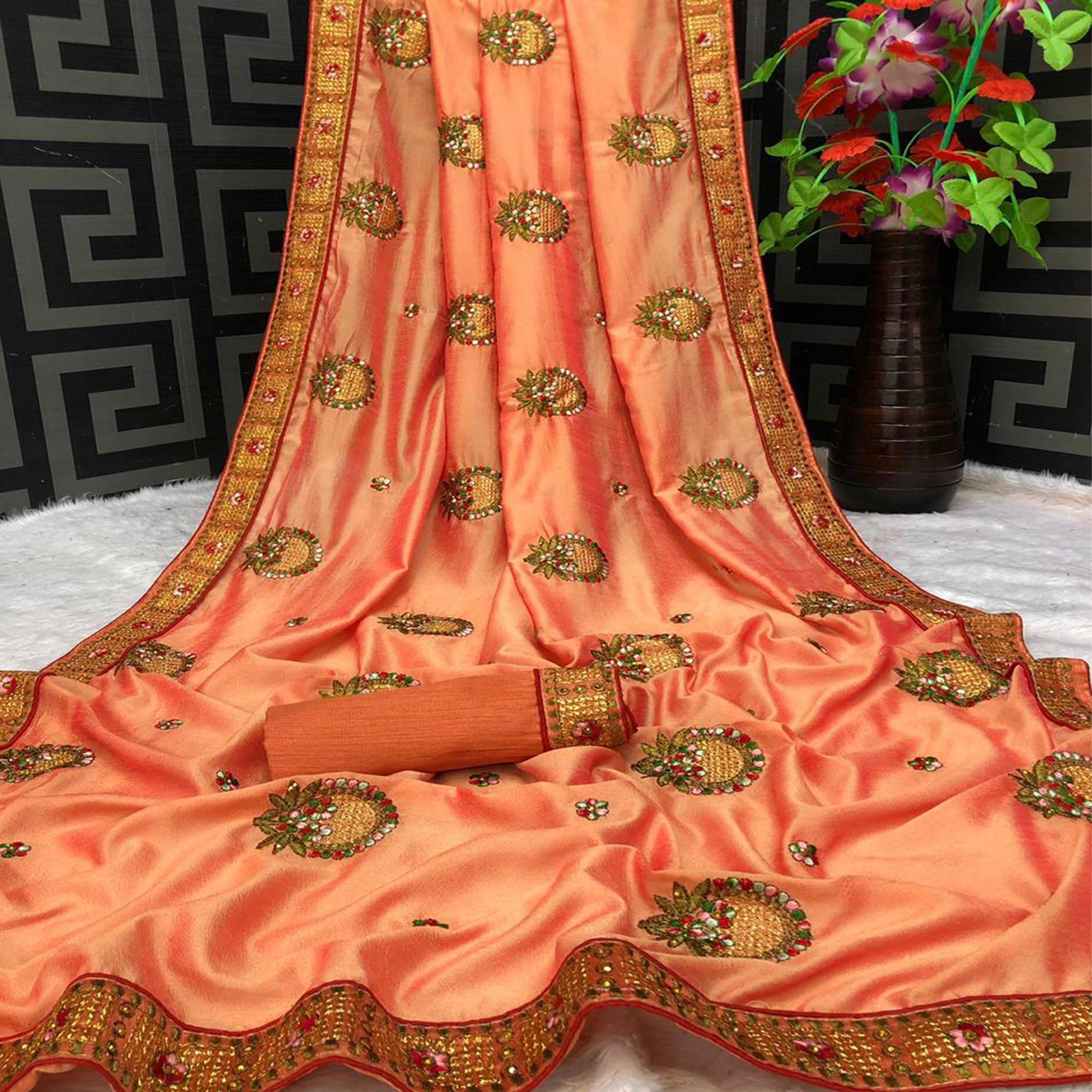 Peach Casual Wear Heavy Embroidered & Stone Work Silk Saree - Peachmode