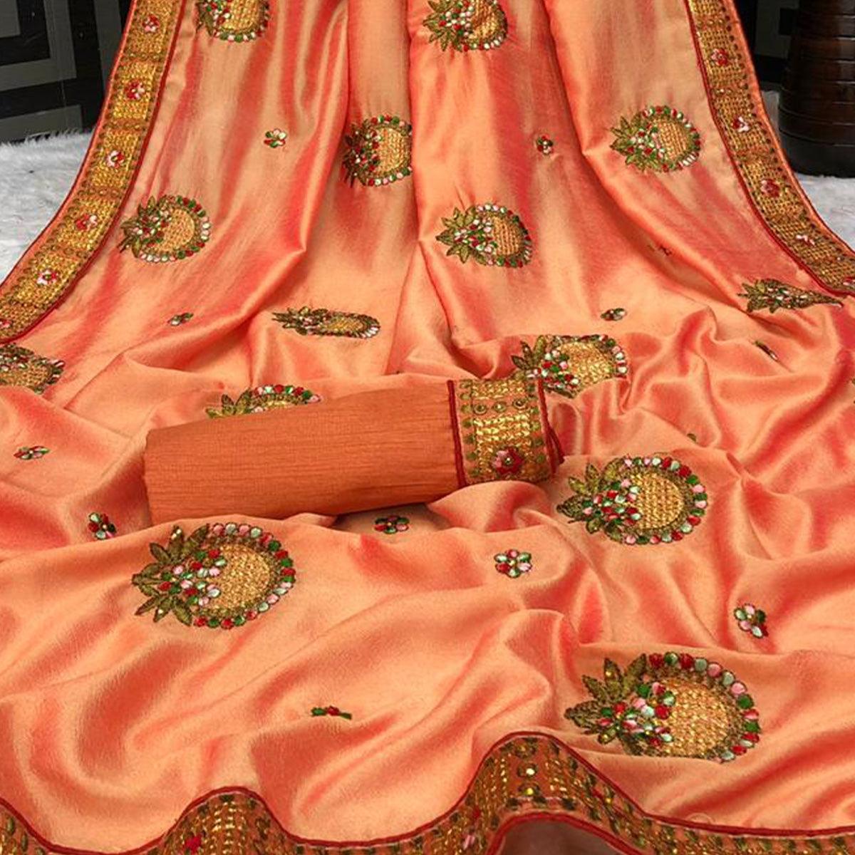 Peach Casual Wear Heavy Embroidered & Stone Work Silk Saree - Peachmode