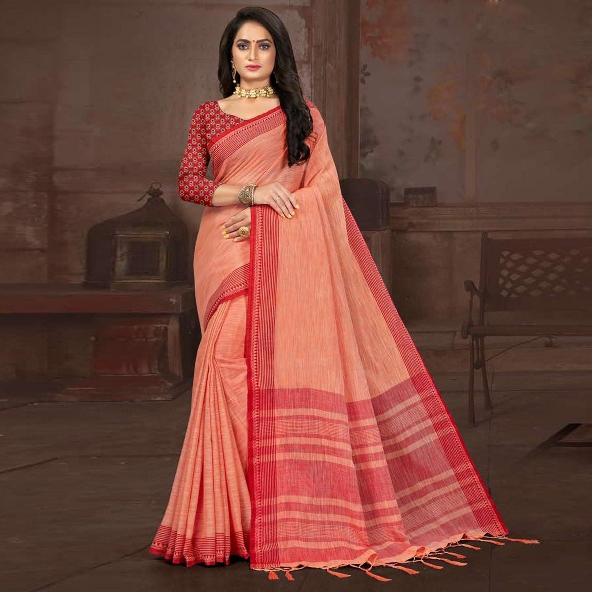 Peach Casual Wear Jari Border And Pallu Linen Saree - Peachmode