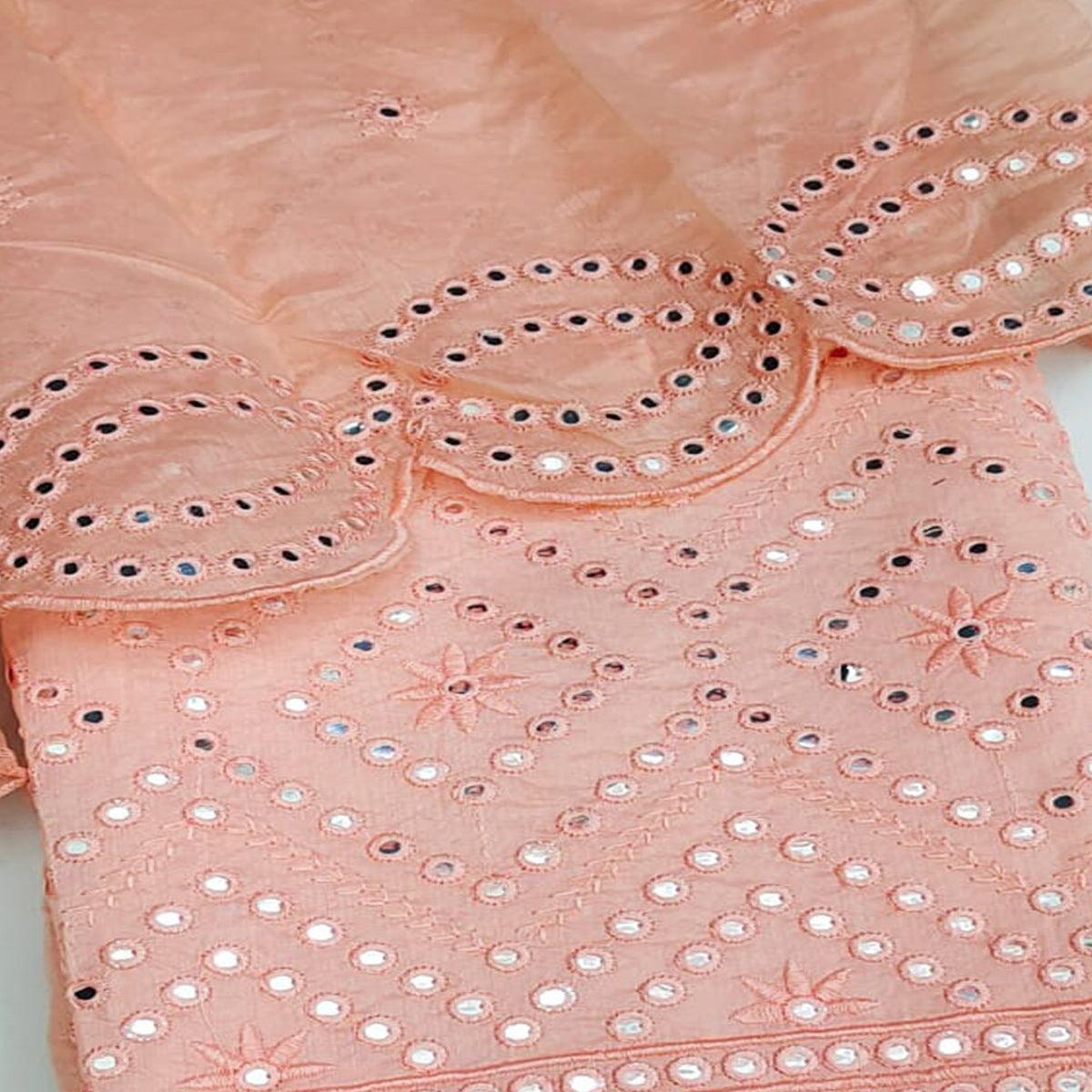 Peach Casual Wear Mirror Work Chanderi Dress Material - Peachmode