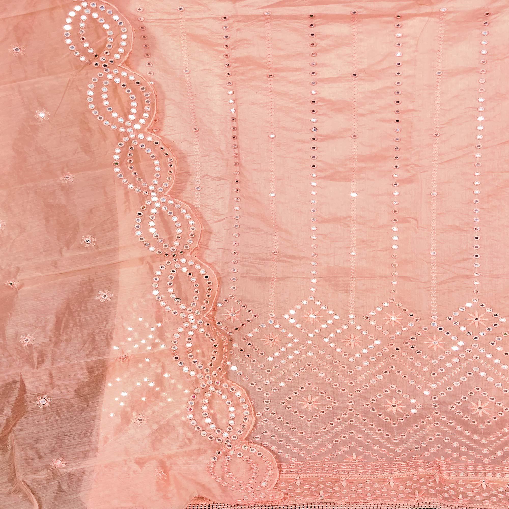 Peach Casual Wear Mirror Work Chanderi Dress Material - Peachmode