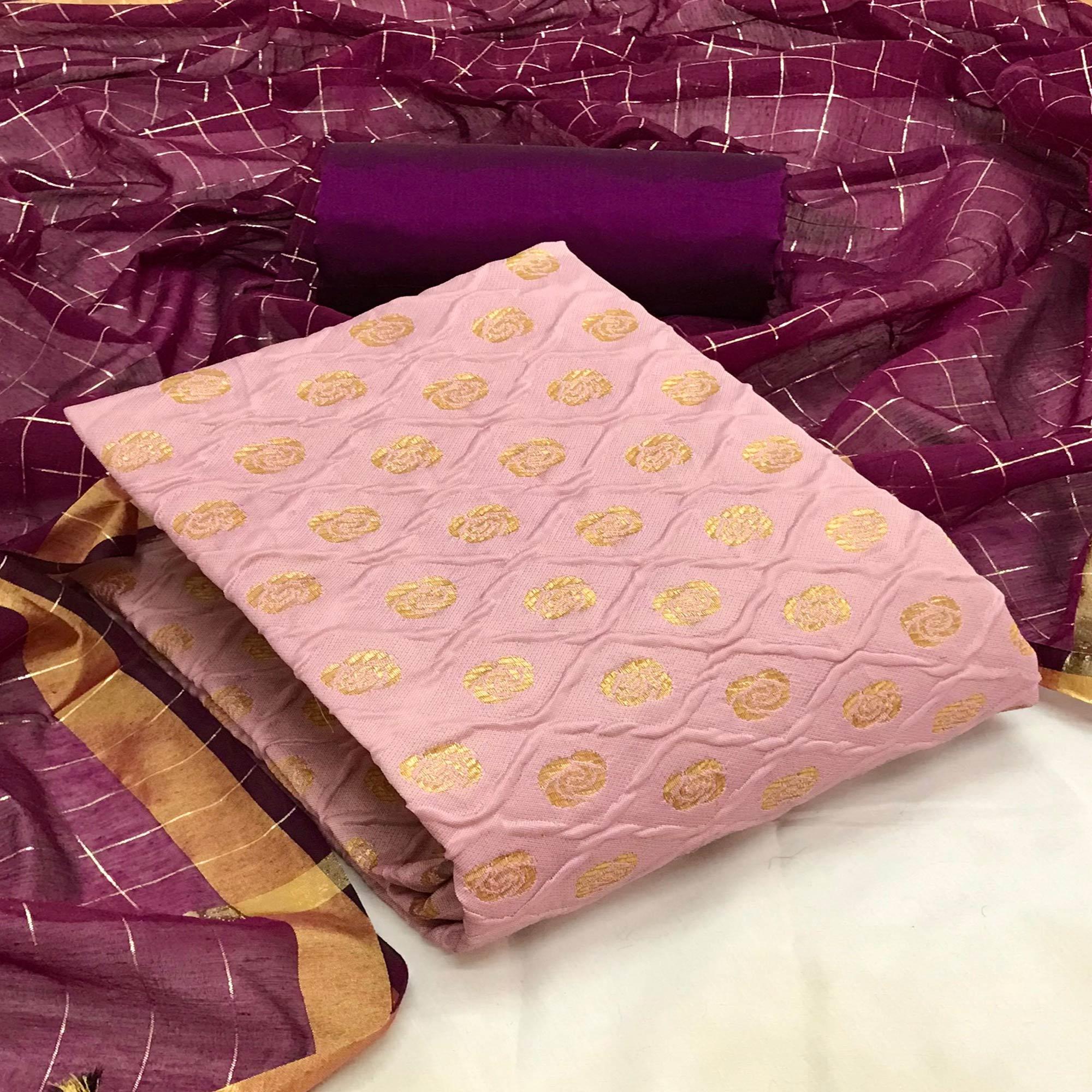 Peach Casual Wear Printed Banarasi Silk Dress Material - Peachmode