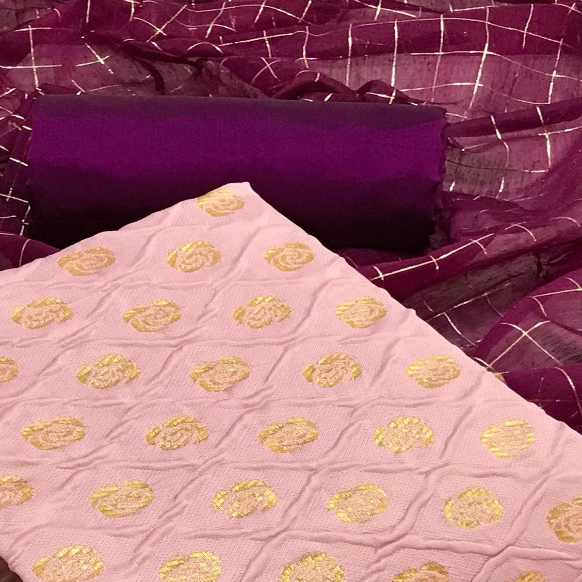 Peach Casual Wear Printed Banarasi Silk Dress Material - Peachmode
