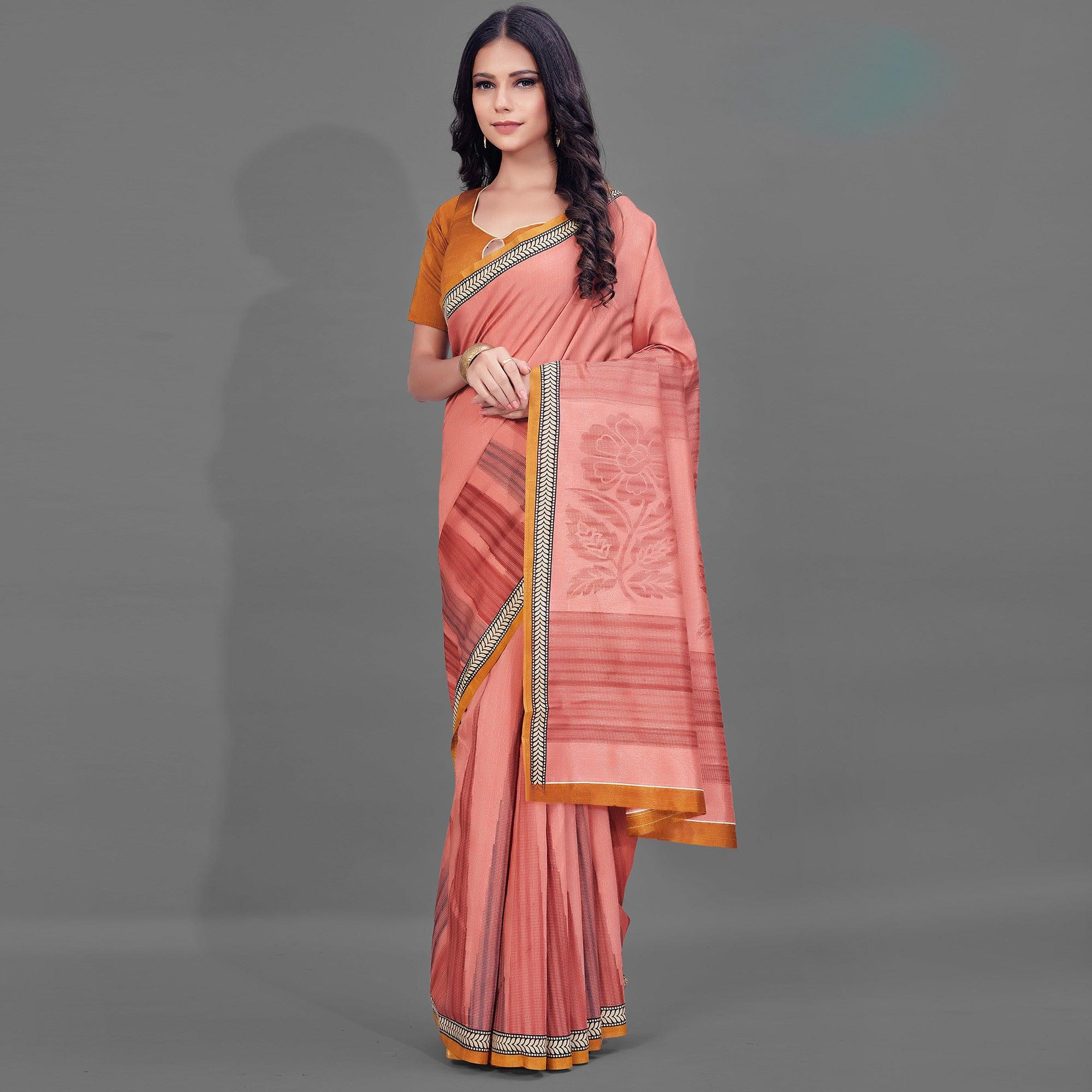 Peach Casual Wear Printed Bhagalpuri Silk Saree - Peachmode