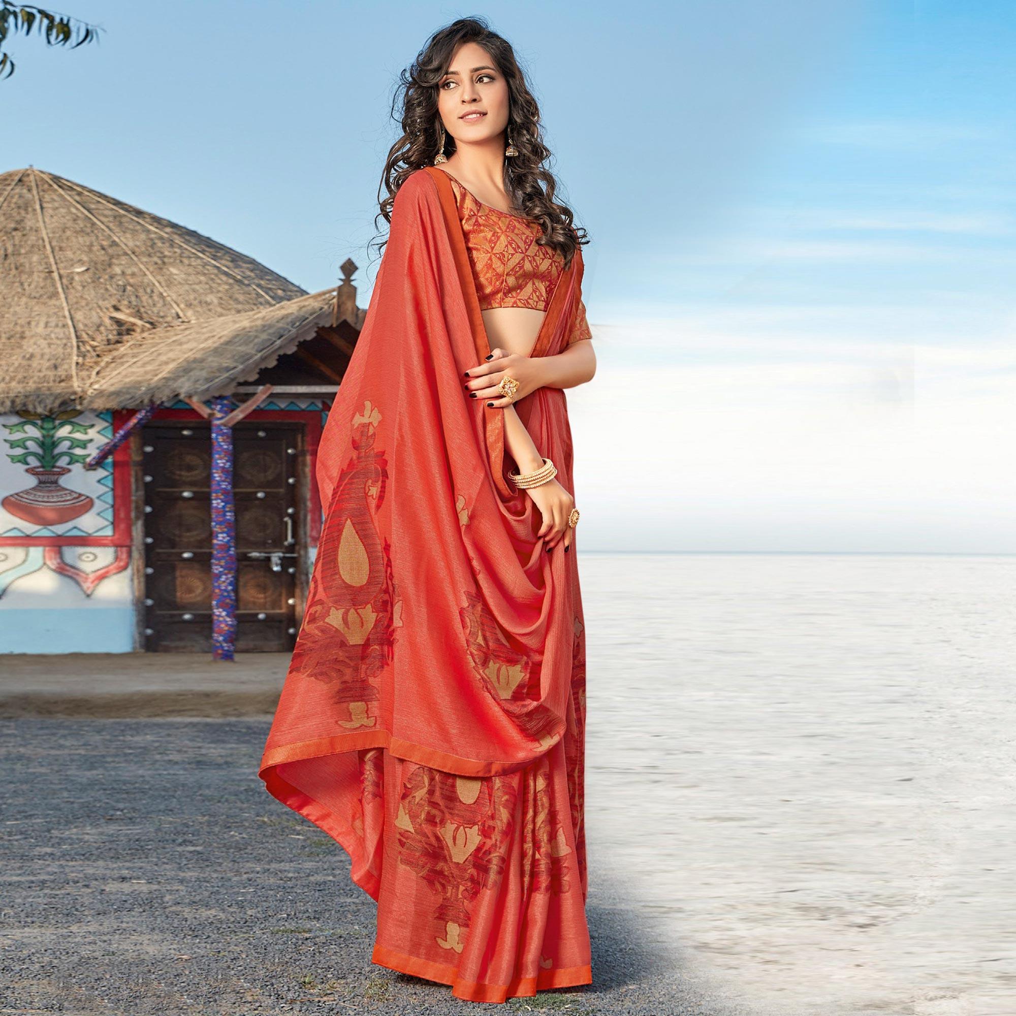 Peach Casual Wear Printed Brasso Saree - Peachmode