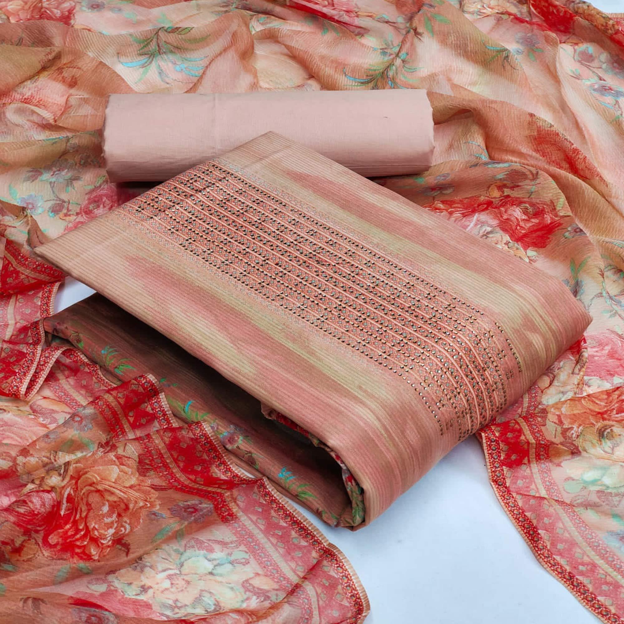 Peach Casual Wear Printed Cotton Dress Material - Peachmode
