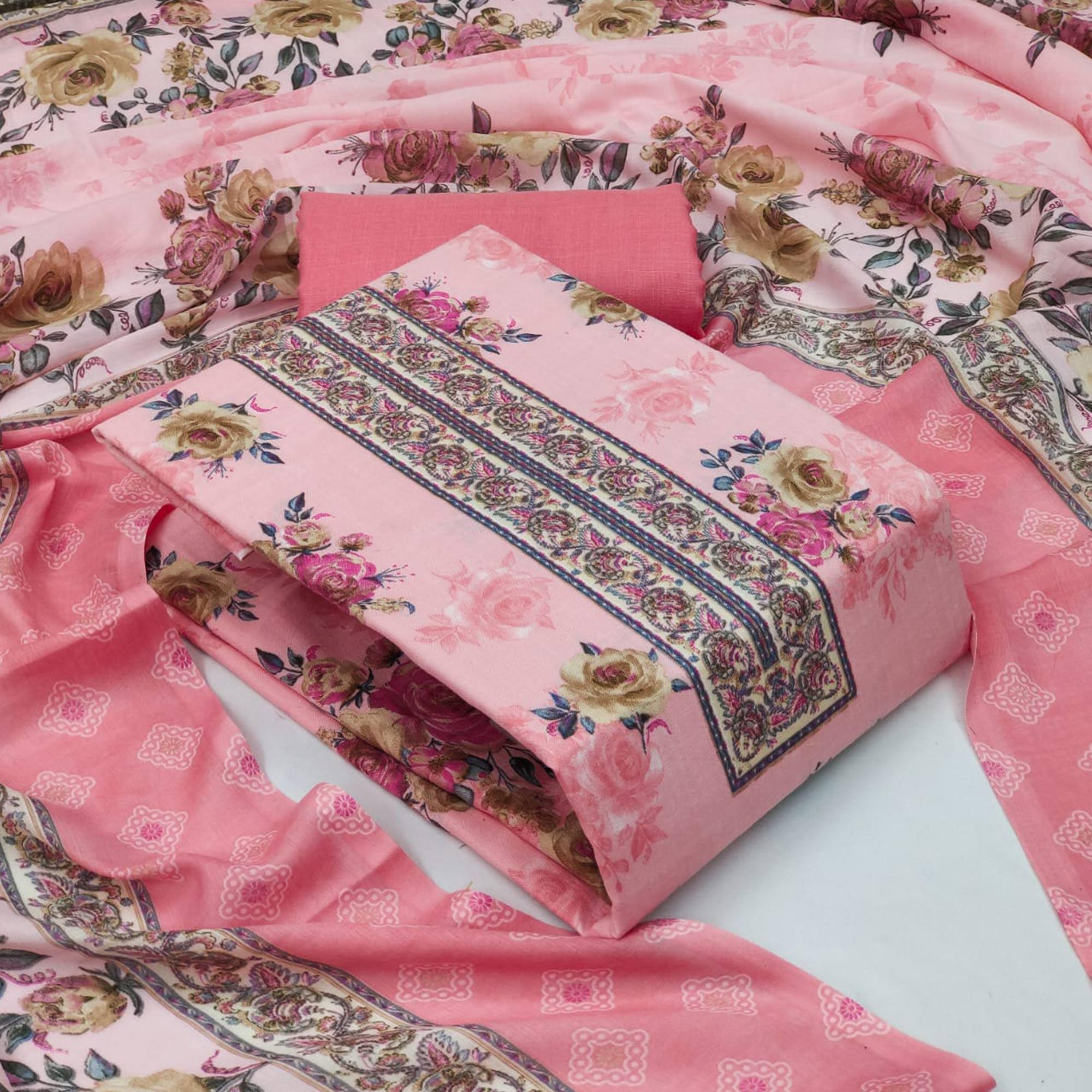 Peach Casual Wear Printed Cotton Dress Material - Peachmode