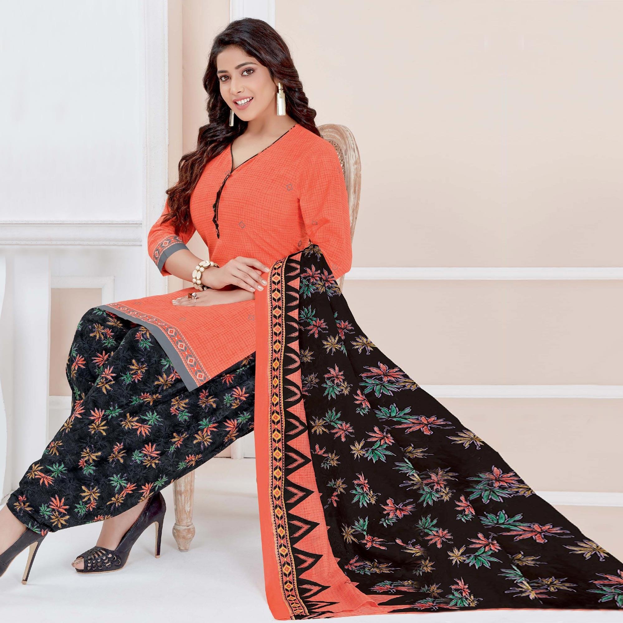 Peach Casual Wear Printed Cotton Patiala Dress Material - Peachmode