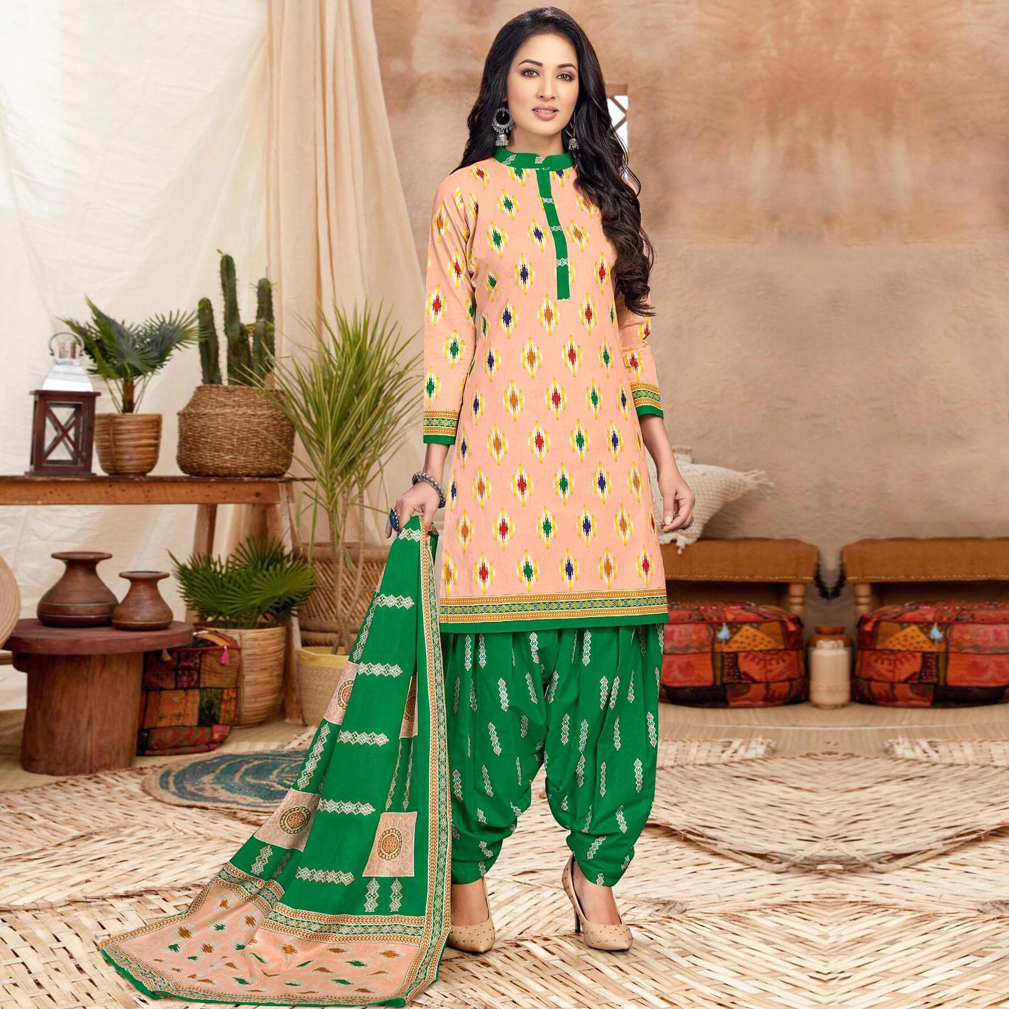 Peach Casual Wear Printed Cotton Patiala Dress Material - Peachmode