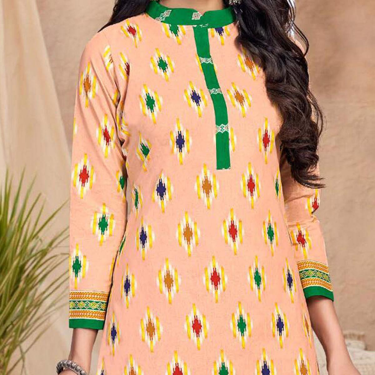 Peach Casual Wear Printed Cotton Patiala Dress Material - Peachmode