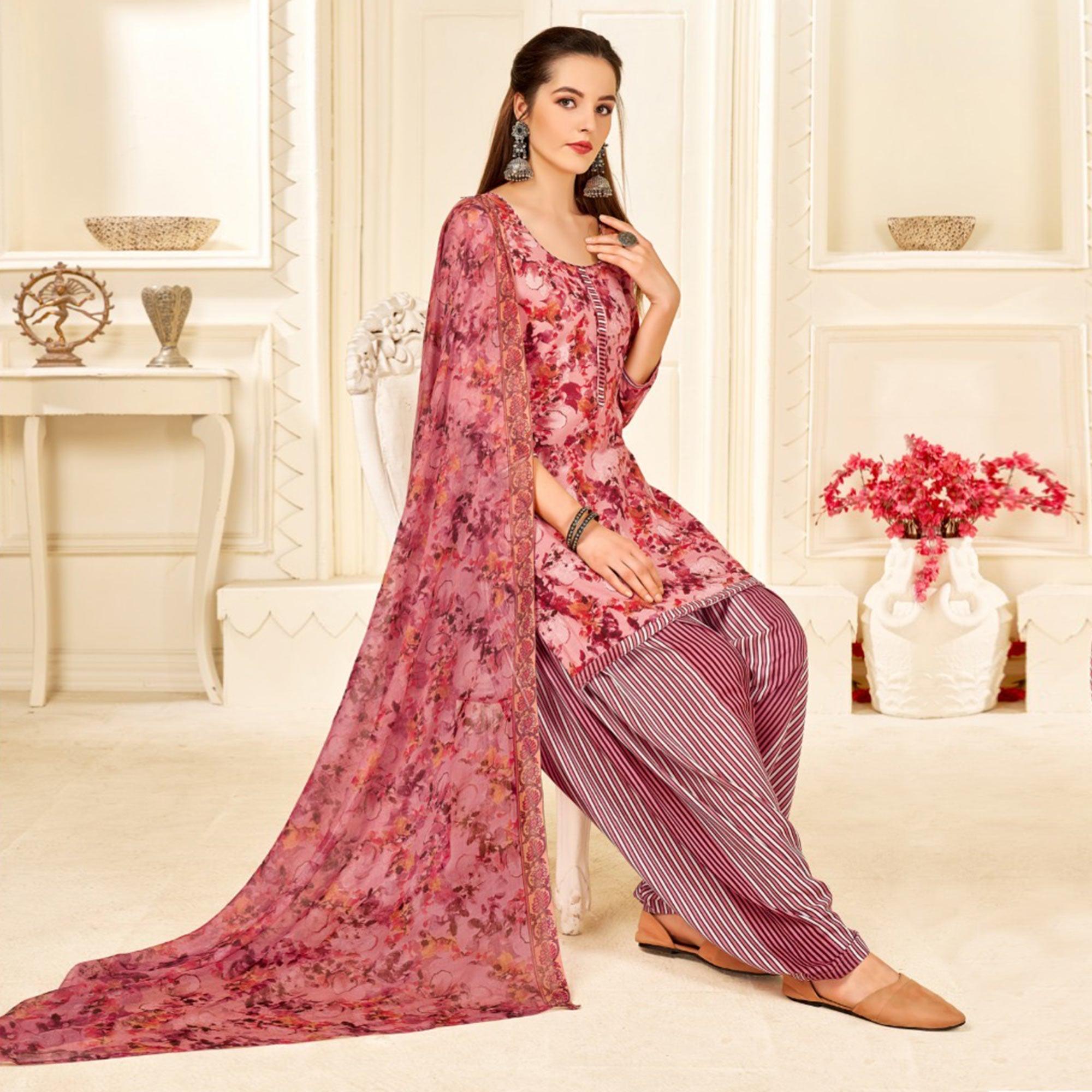Peach Casual Wear Printed Cotton Patiala Suit - Peachmode