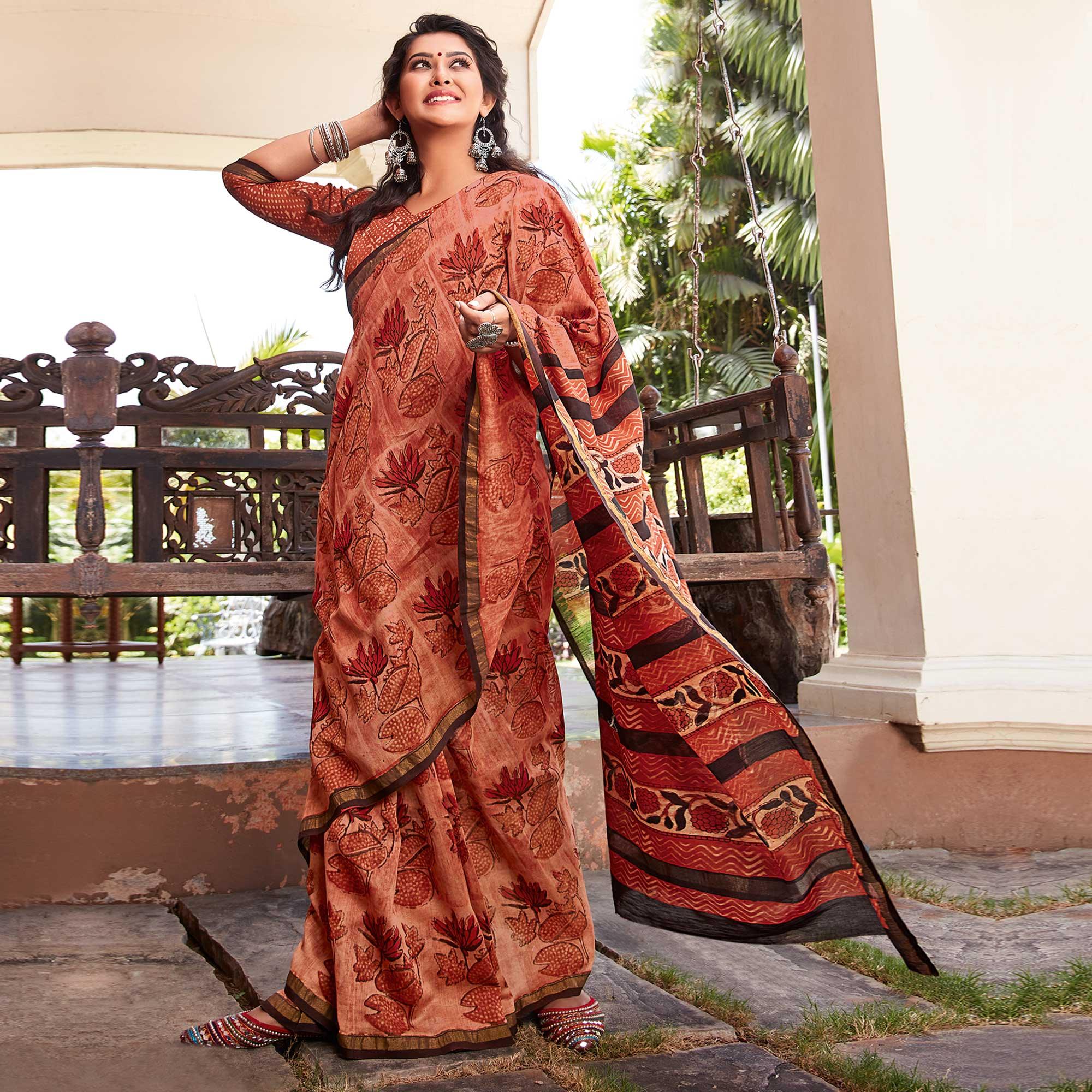 Peach Casual Wear Printed Cotton Saree - Peachmode
