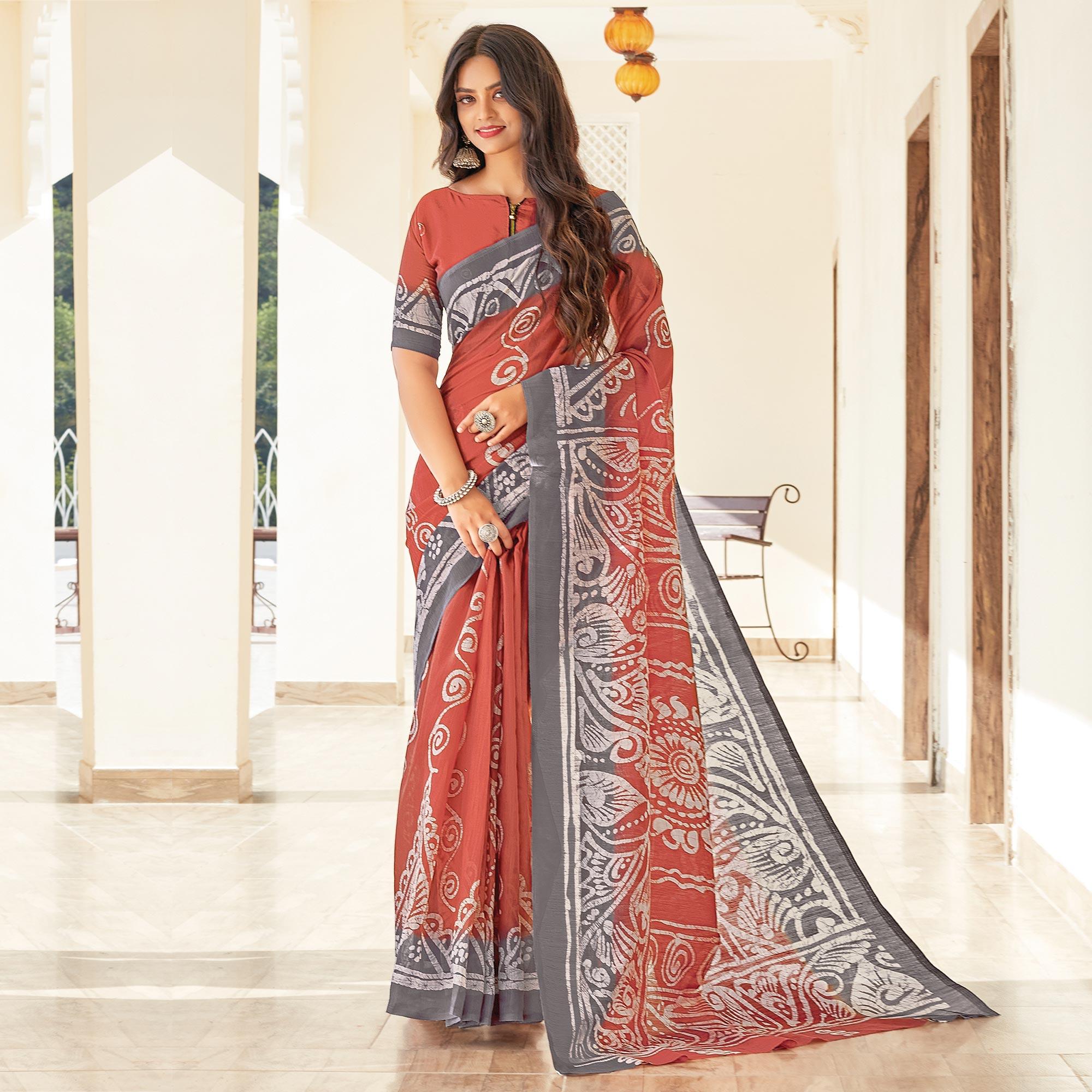 Peach Casual Wear Printed Cotton Saree - Peachmode