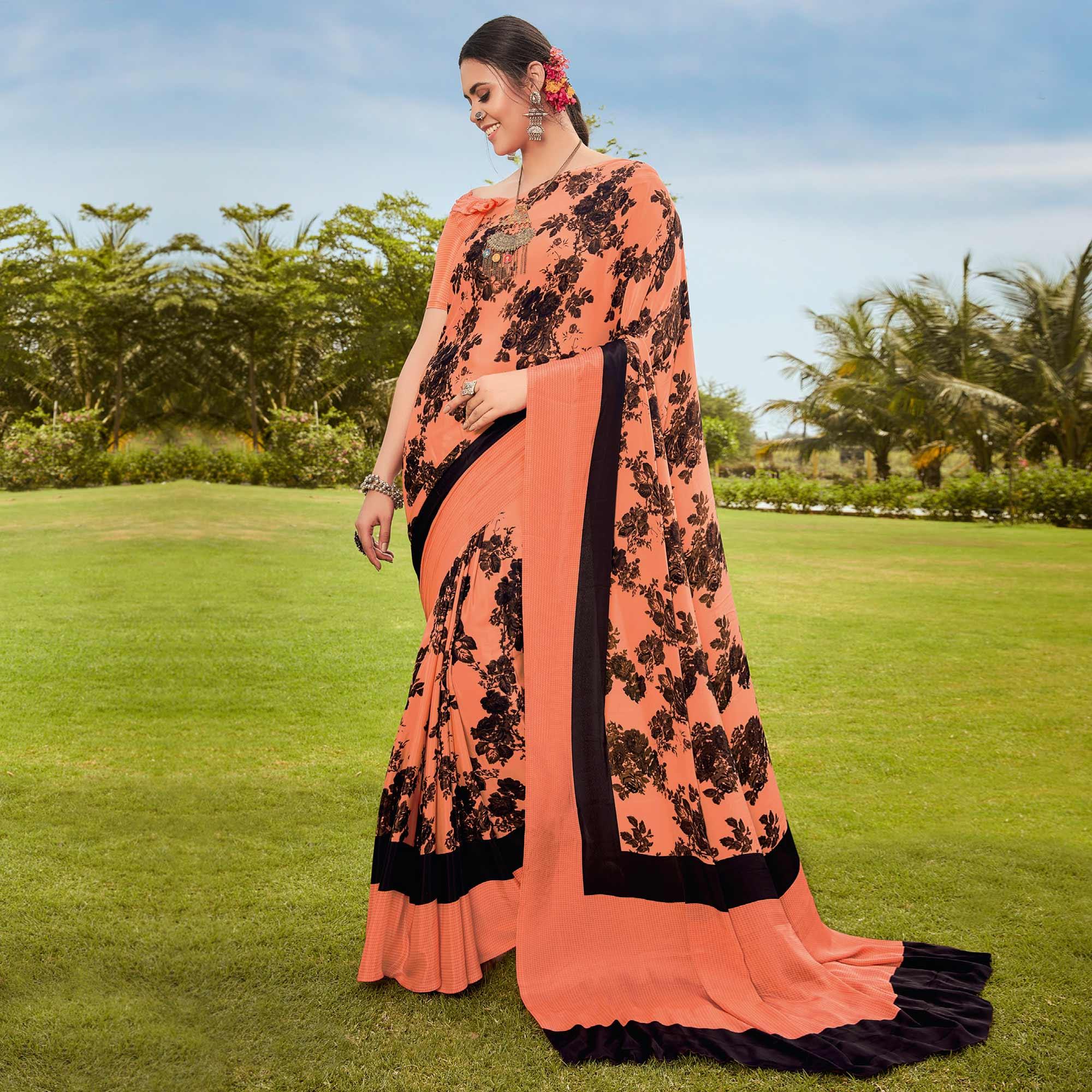 Peach Casual Wear Printed Crepe Saree - Peachmode