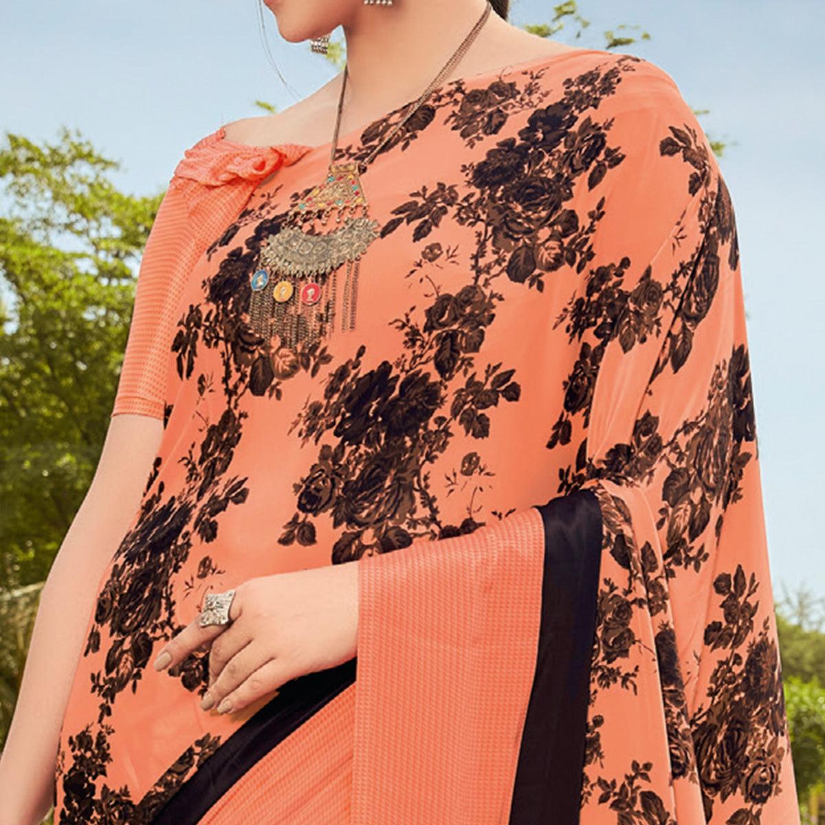 Peach Casual Wear Printed Crepe Saree - Peachmode