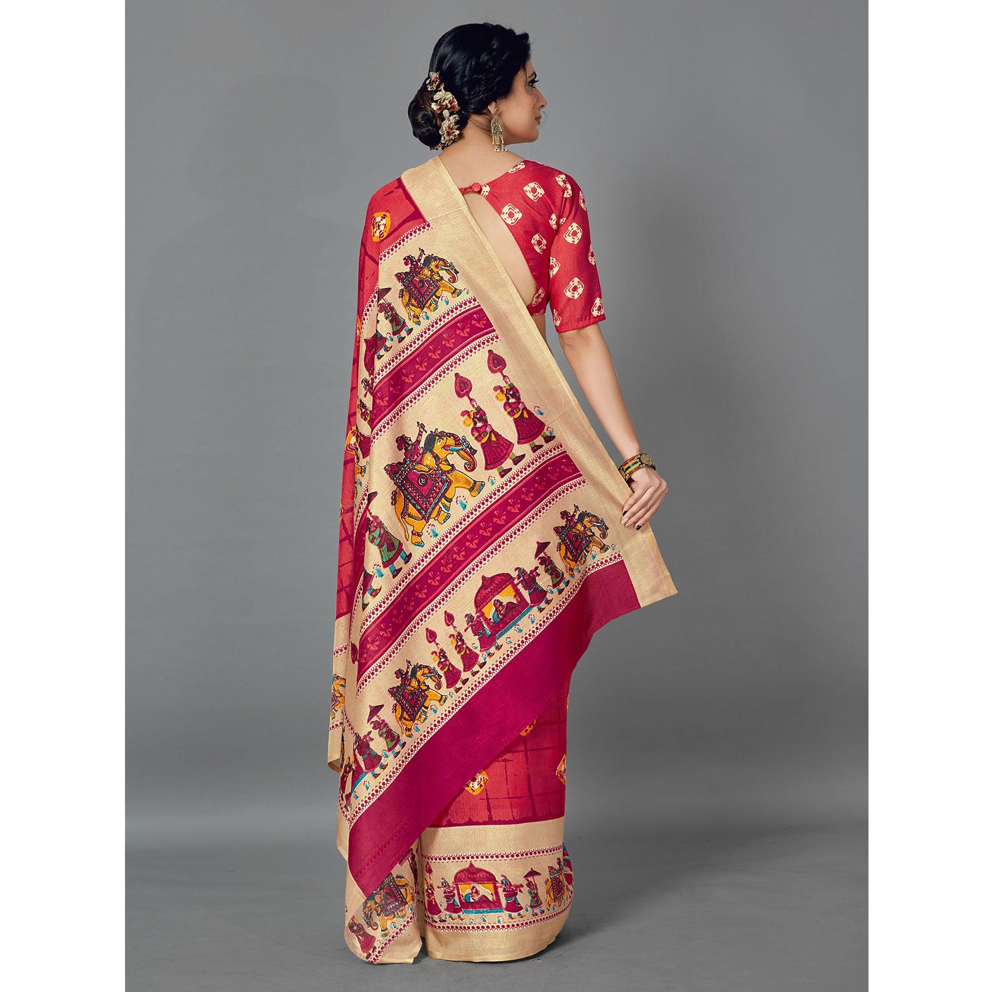 Peach Casual Wear Printed Dhapa Silk Saree - Peachmode