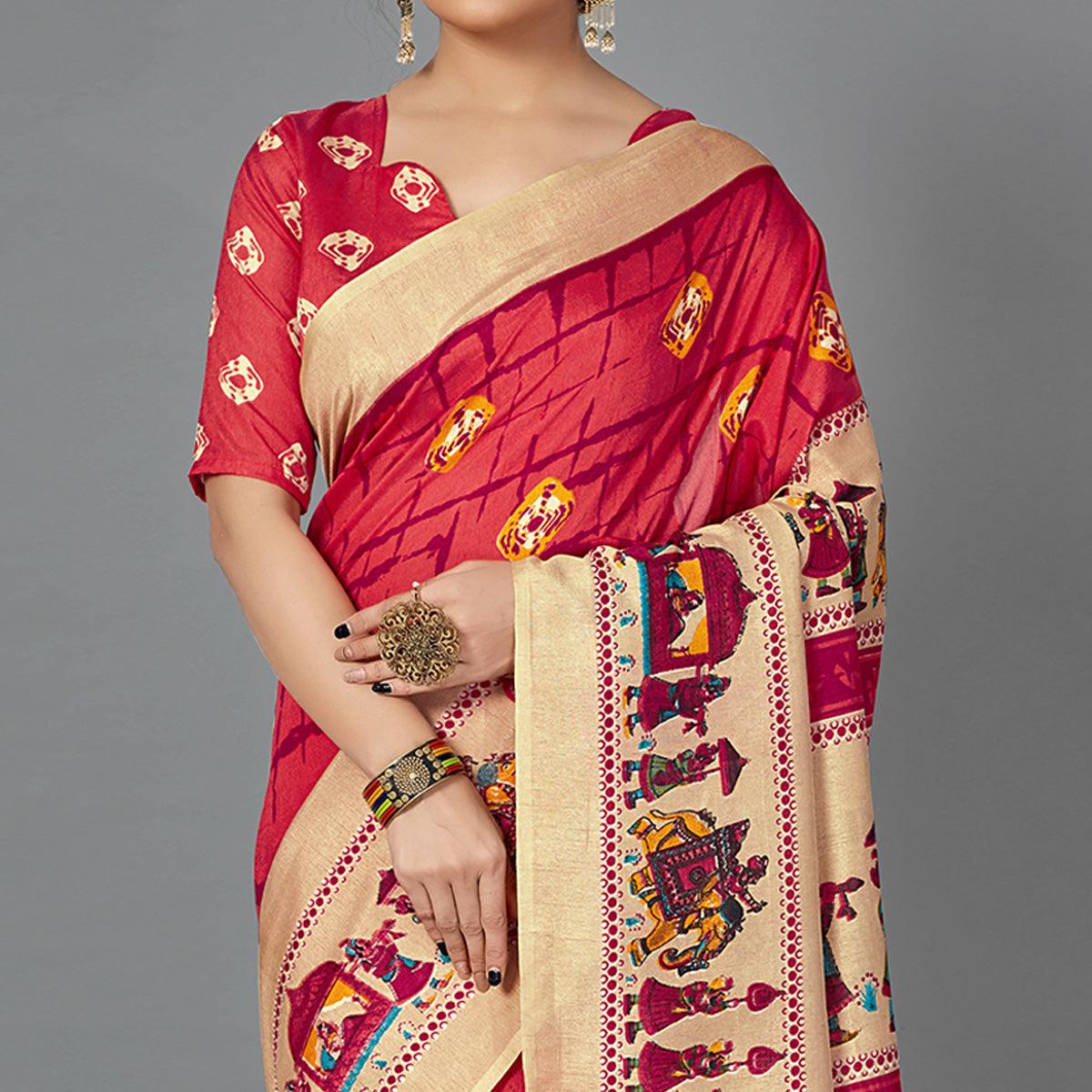 Peach Casual Wear Printed Dhapa Silk Saree - Peachmode