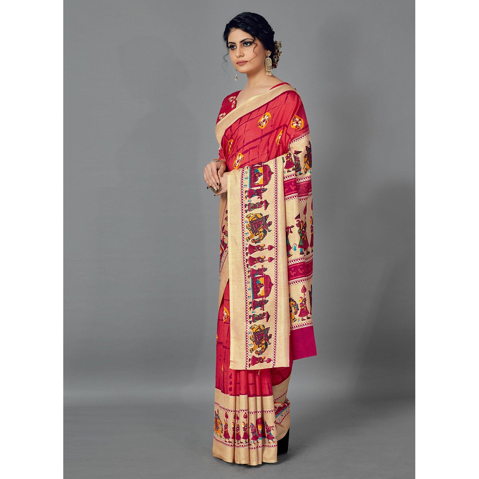 Peach Casual Wear Printed Dhapa Silk Saree - Peachmode