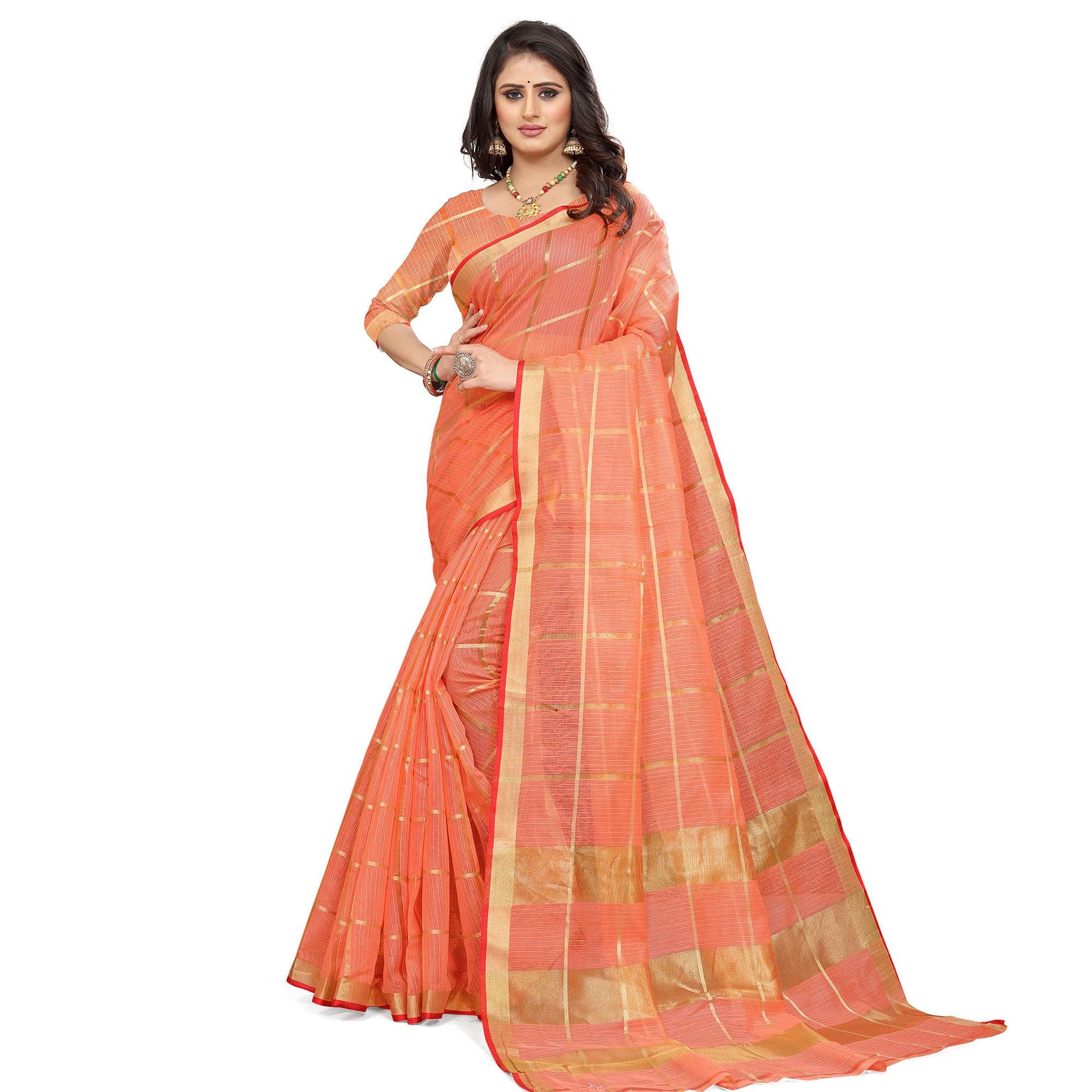Peach Casual Wear Printed Doriya Cotton Saree - Peachmode
