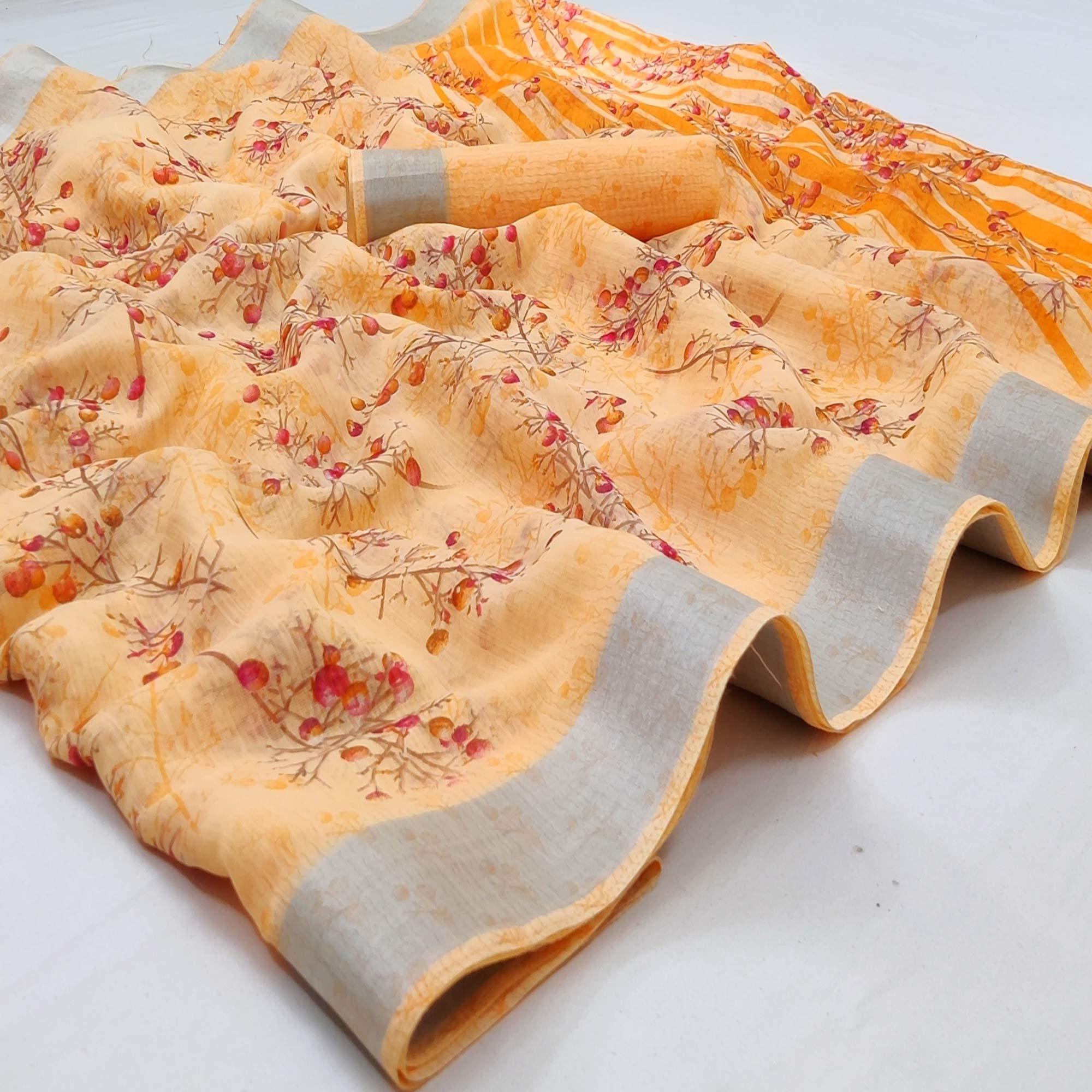 Peach Casual Wear Printed Linen Cotton Saree - Peachmode