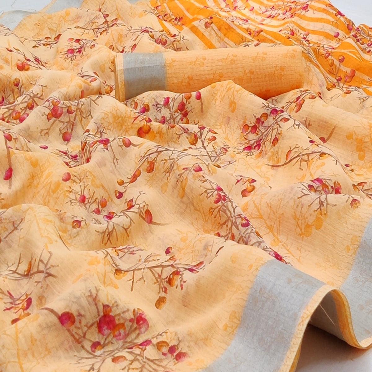 Peach Casual Wear Printed Linen Cotton Saree - Peachmode