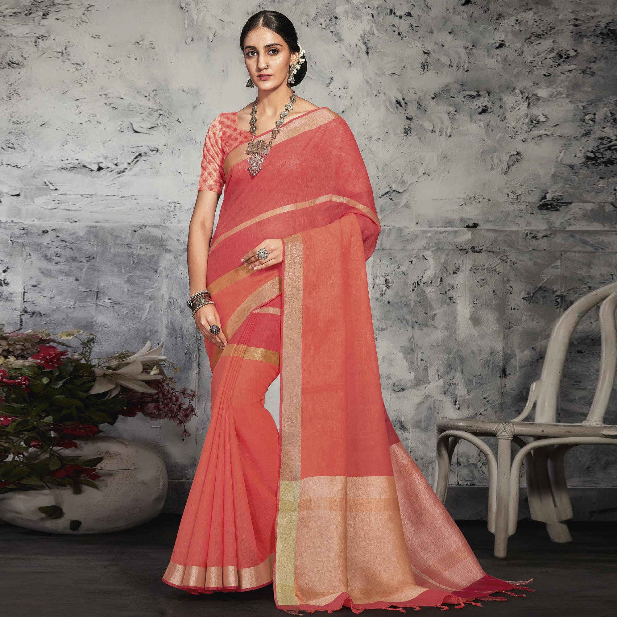 Peach Casual Wear Printed Linen Saree - Peachmode