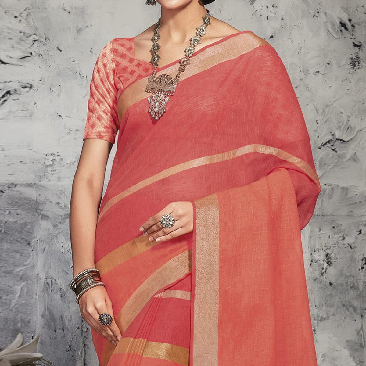 Peach Casual Wear Printed Linen Saree - Peachmode
