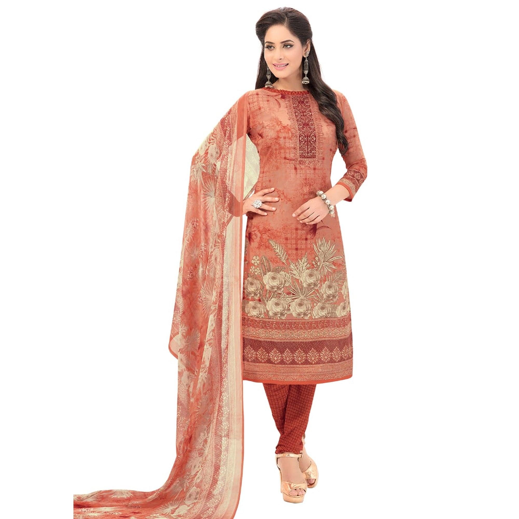 Peach Casual Wear Printed Poly Crepe Dress Material - Peachmode
