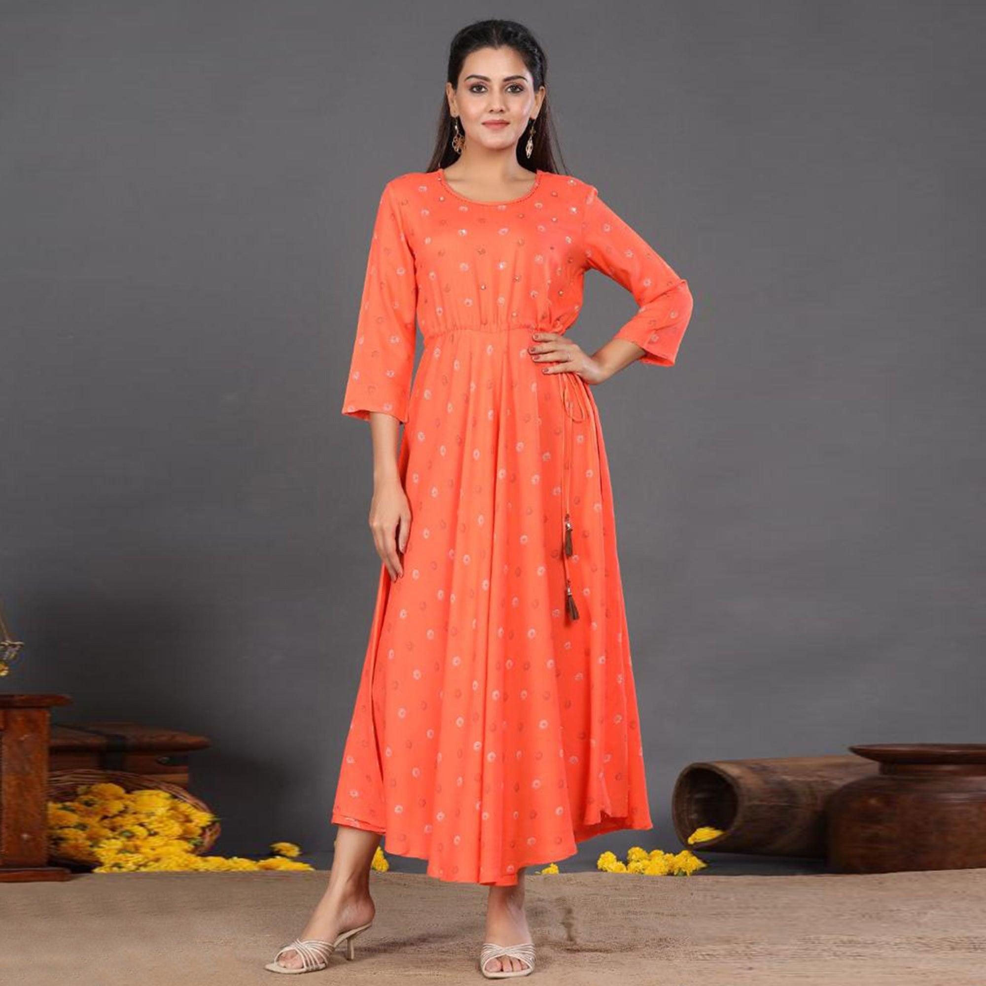 Peach Casual Wear Printed Rayon Long Kurti - Peachmode