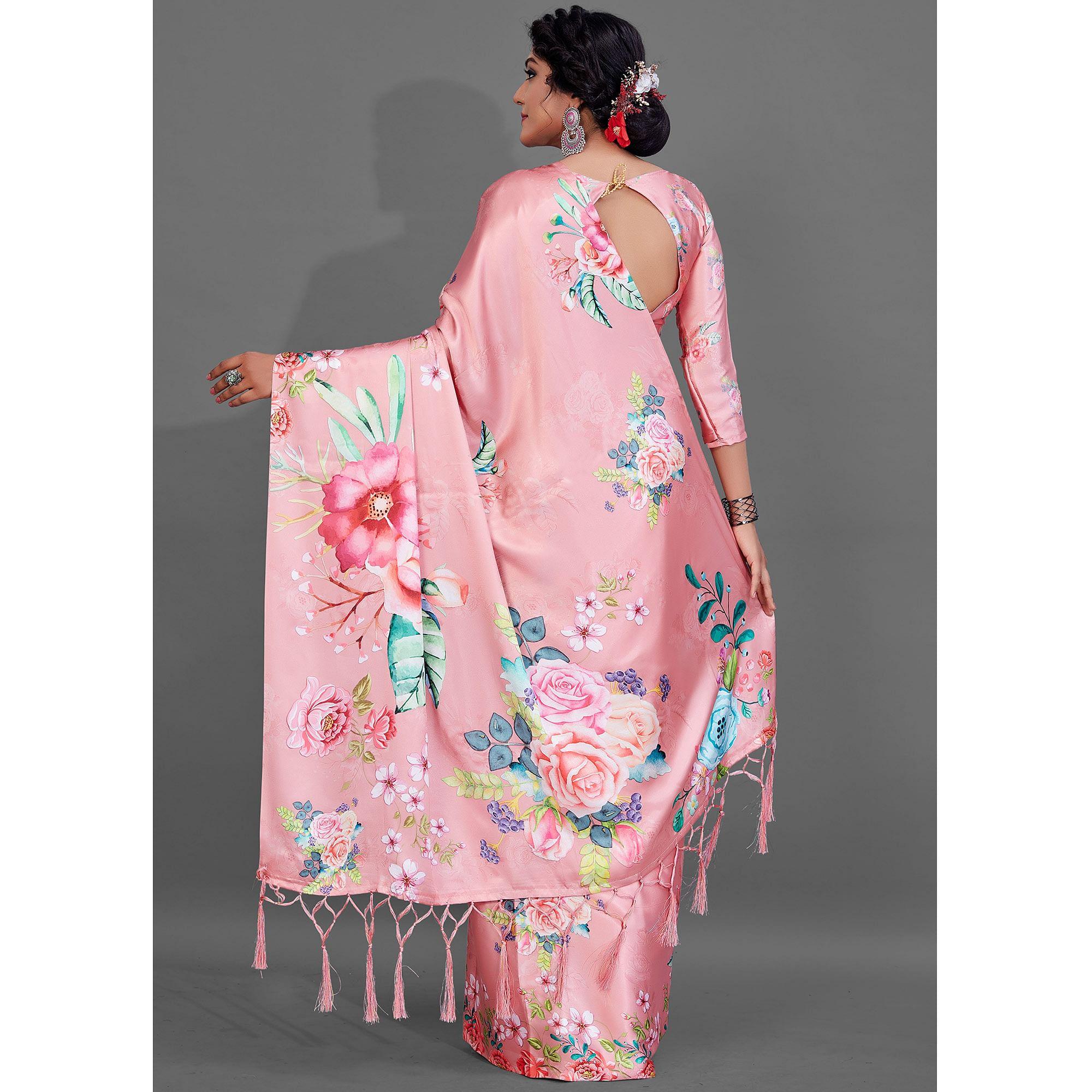 Peach Casual Wear Printed Satin Silk Saree - Peachmode