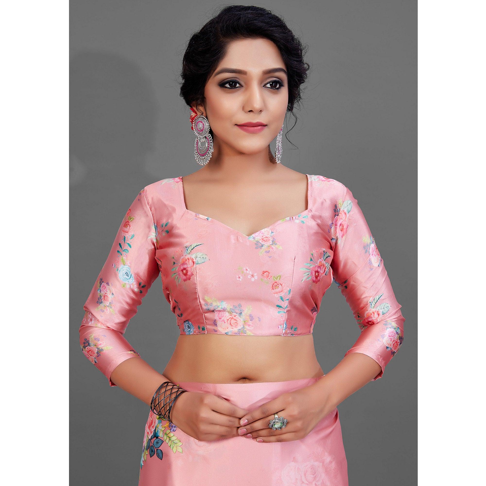 Peach Casual Wear Printed Satin Silk Saree - Peachmode