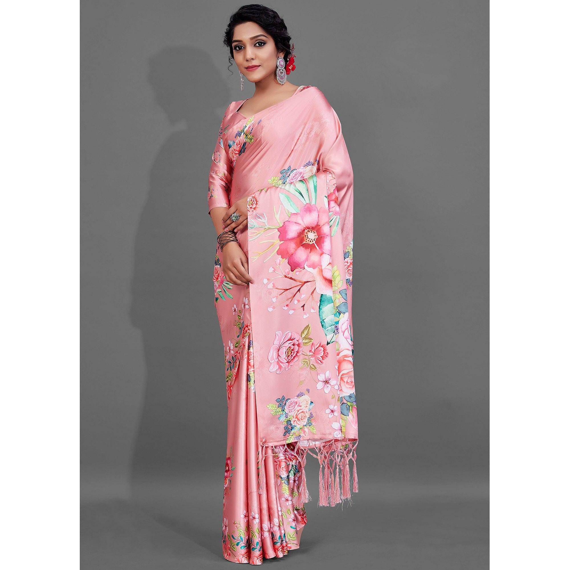 Peach Casual Wear Printed Satin Silk Saree - Peachmode