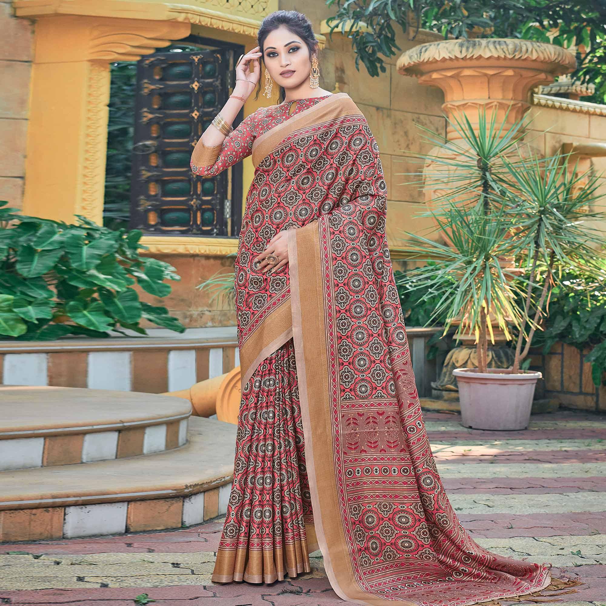 Peach Casual Wear Printed Silk Saree - Peachmode
