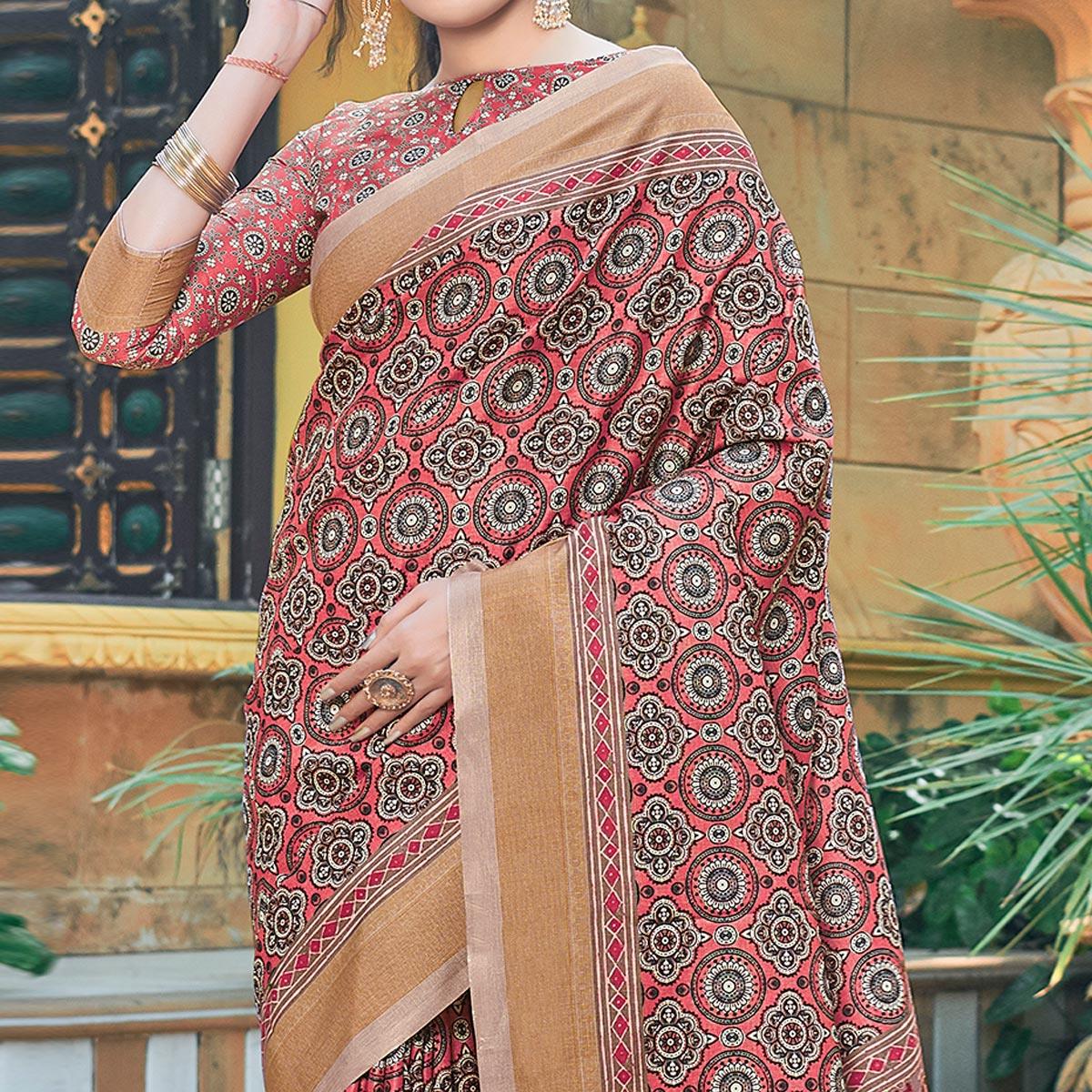 Peach Casual Wear Printed Silk Saree - Peachmode