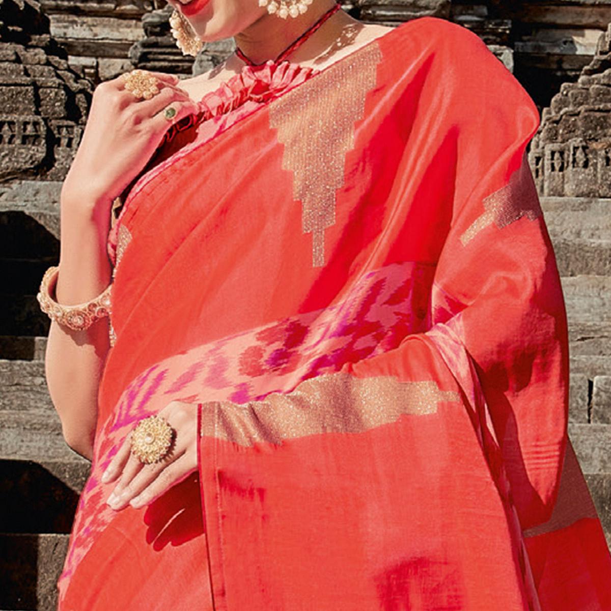 Peach Casual Wear Printed Tussar Silk Saree - Peachmode