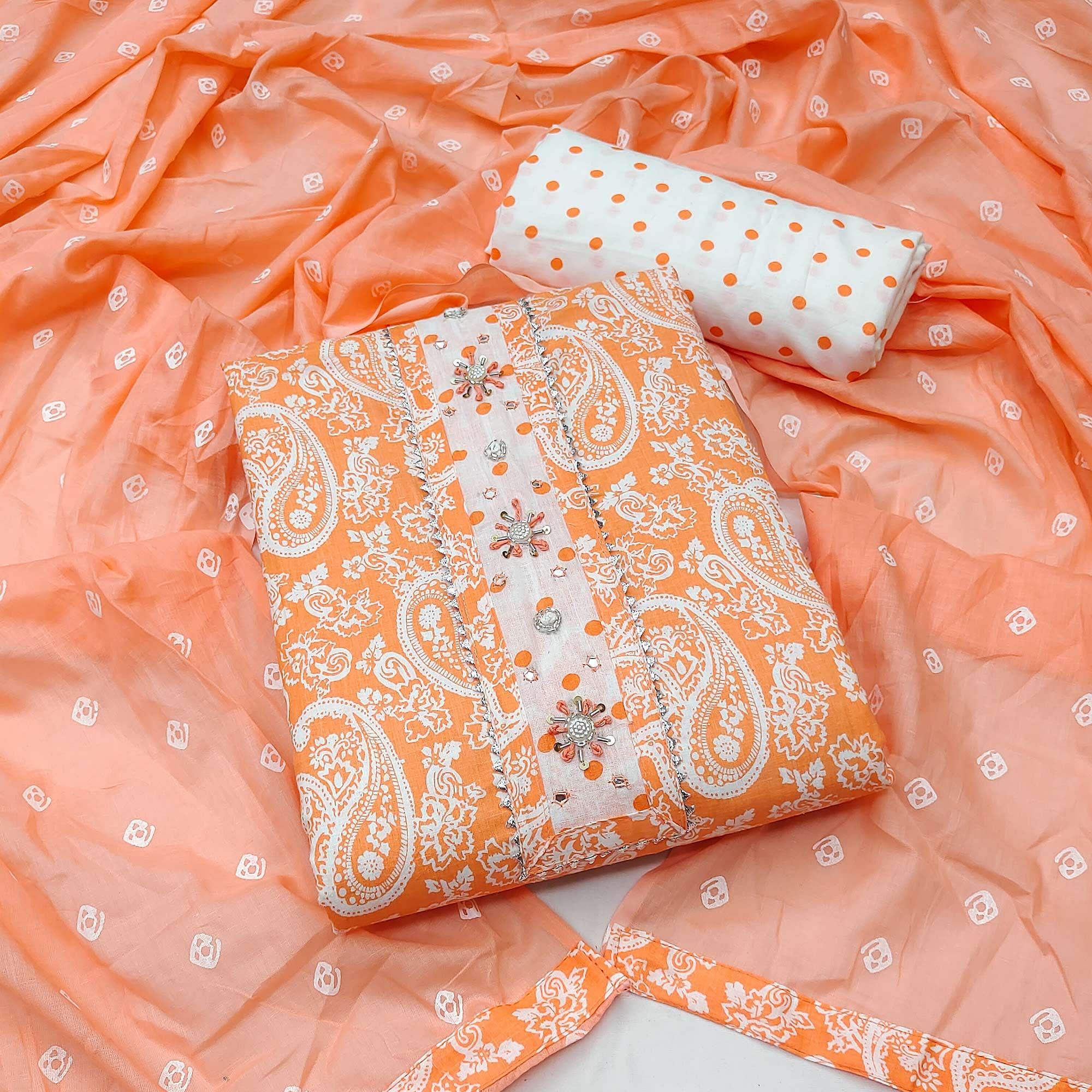 Peach Casual Wear Printed With Embellished Cotton Dress Material - Peachmode