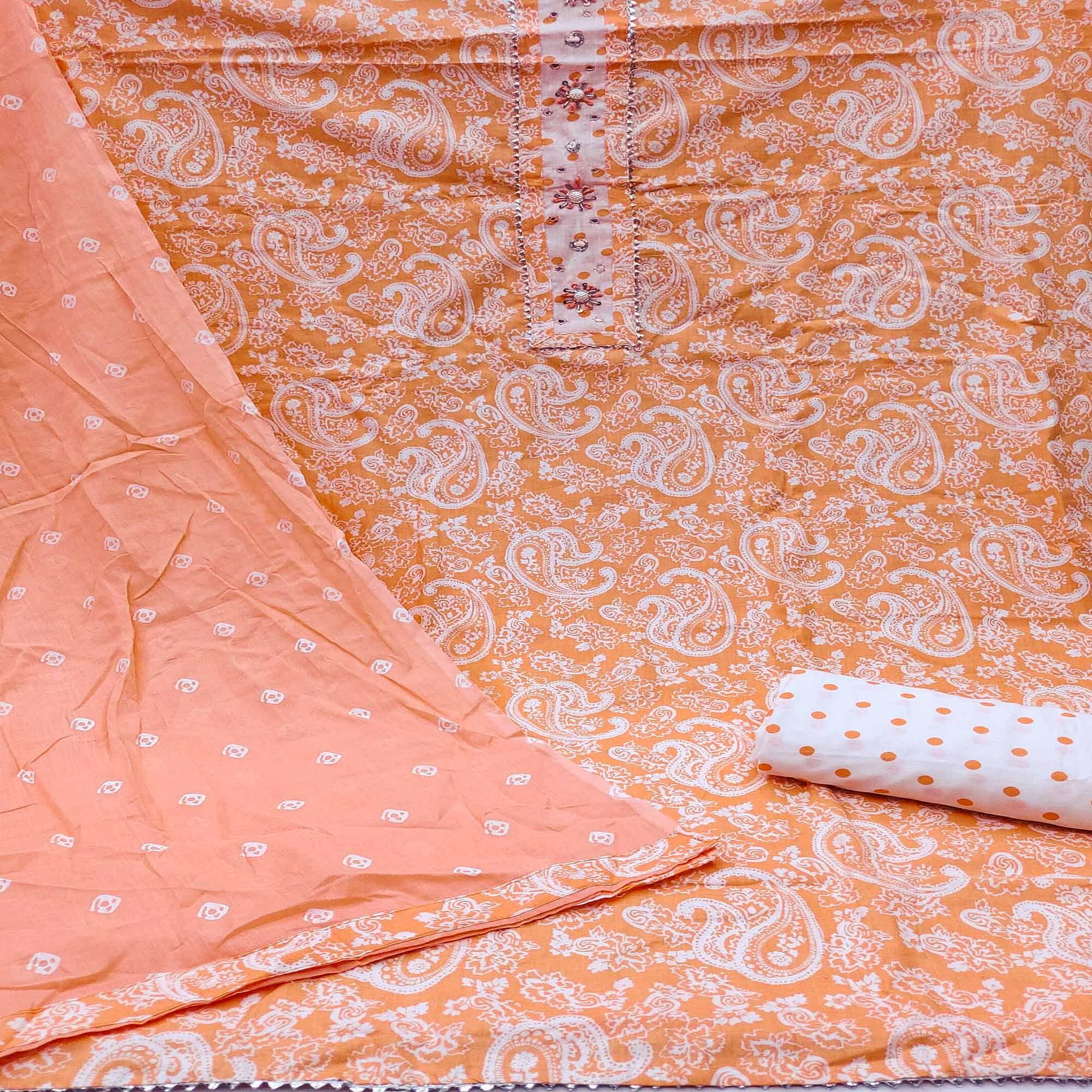 Peach Casual Wear Printed With Embellished Cotton Dress Material - Peachmode