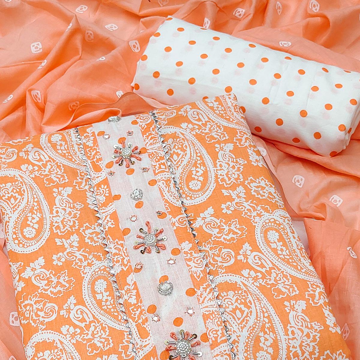 Peach Casual Wear Printed With Embellished Cotton Dress Material - Peachmode