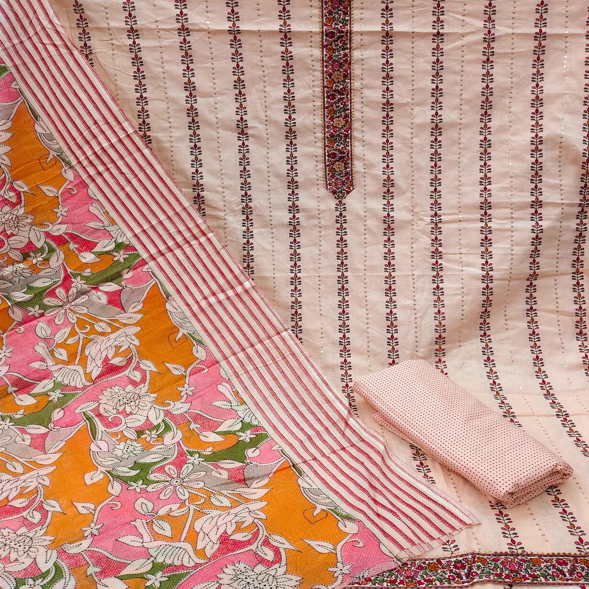 Peach Casual Wear Sequence & Printed Cotton Dress Material - Peachmode