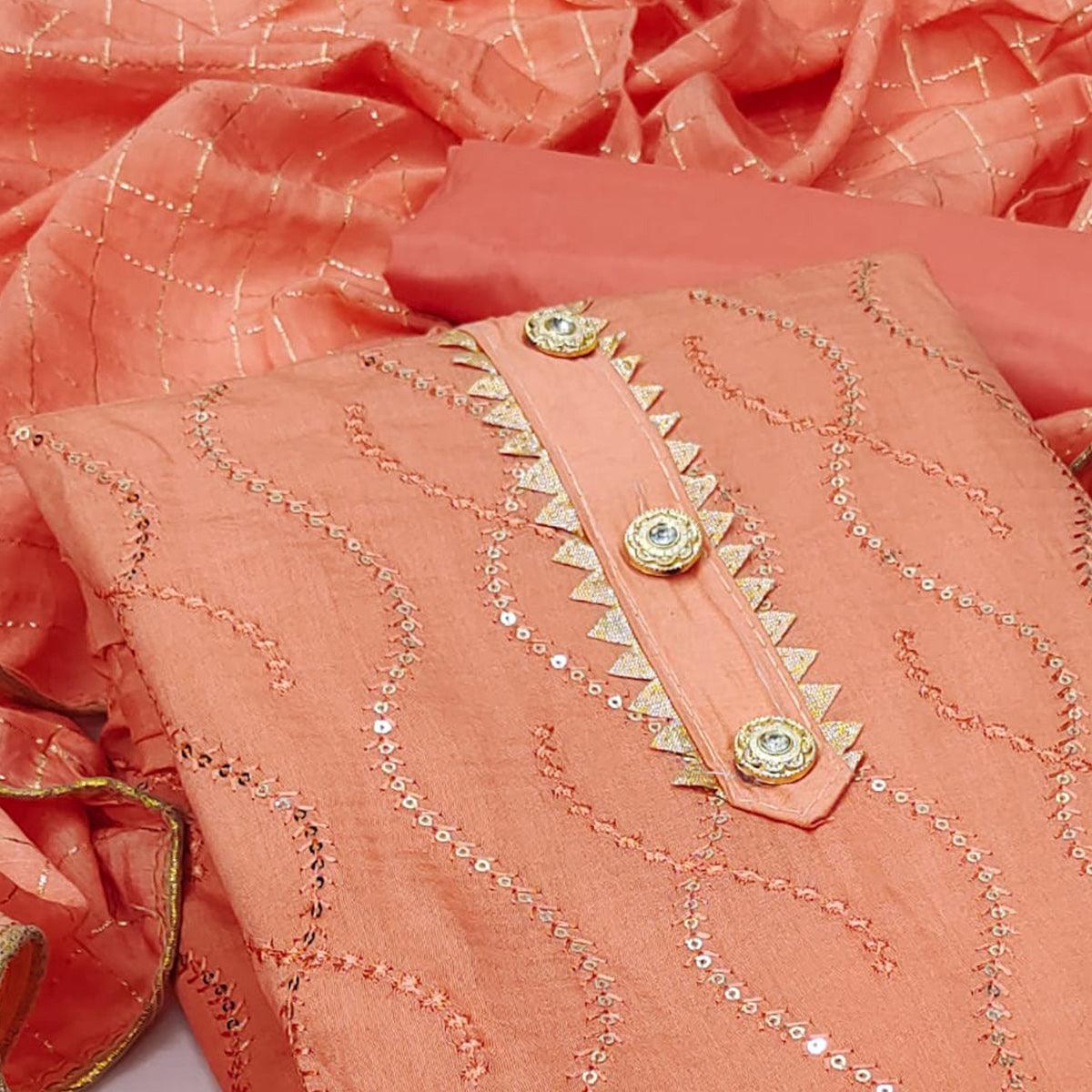 Peach Casual Wear Sequence Embroidered Dola Silk Dress Material - Peachmode