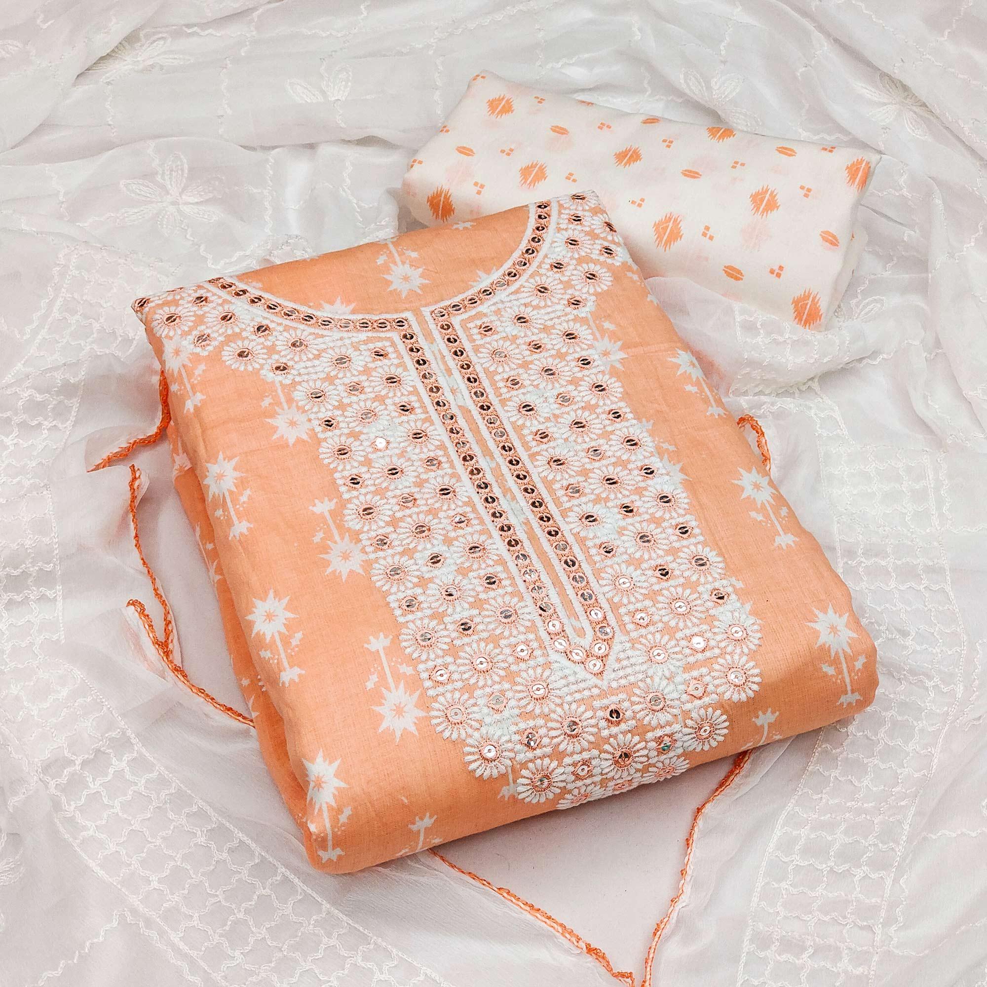 Peach Casual Wear Sequence Embroidery with Printed Cotton Dress Material - Peachmode