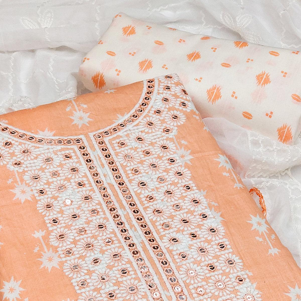 Peach Casual Wear Sequence Embroidery with Printed Cotton Dress Material - Peachmode