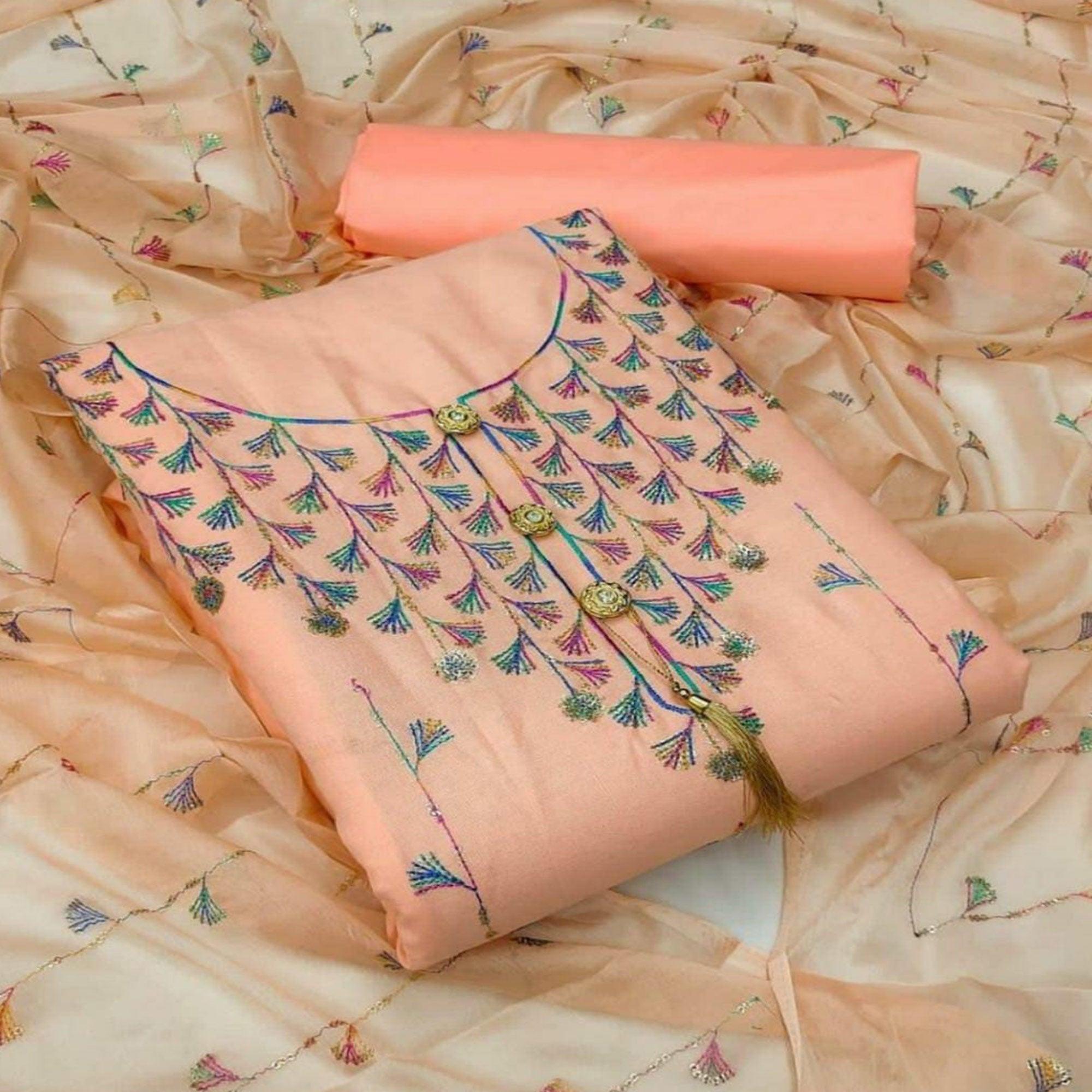 Peach Casual Wear Sequence Work Cotton Dress Material - Peachmode