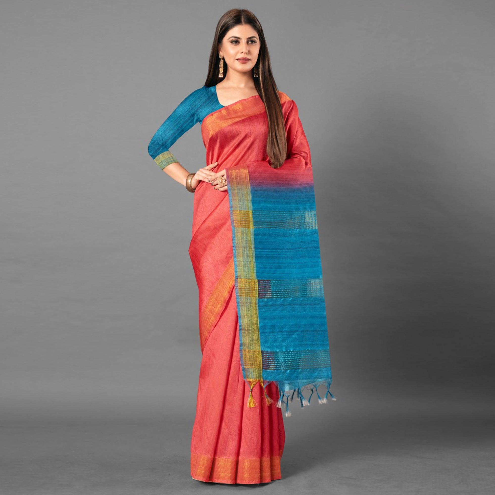 Peach Casual Wear Solid Cotton silk Saree - Peachmode