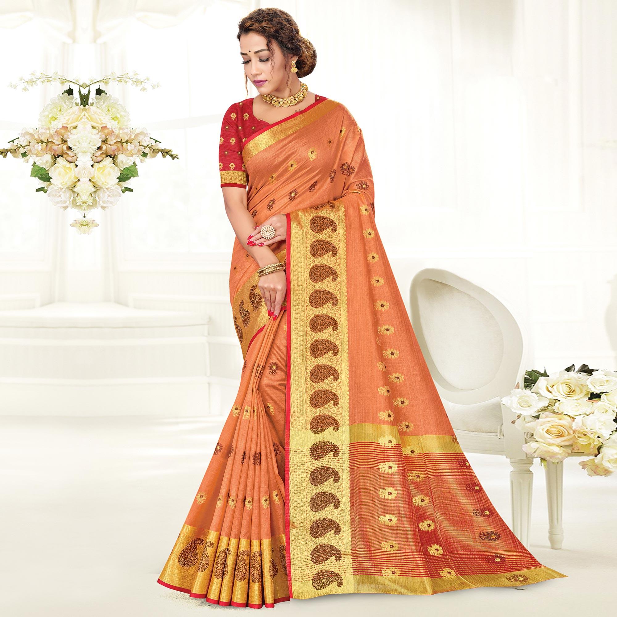 Peach Casual Wear Woven Cotton Handloom Saree - Peachmode