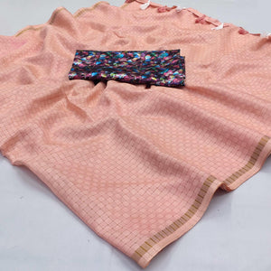 Peach Checks Printed Jute Saree - Peachmode